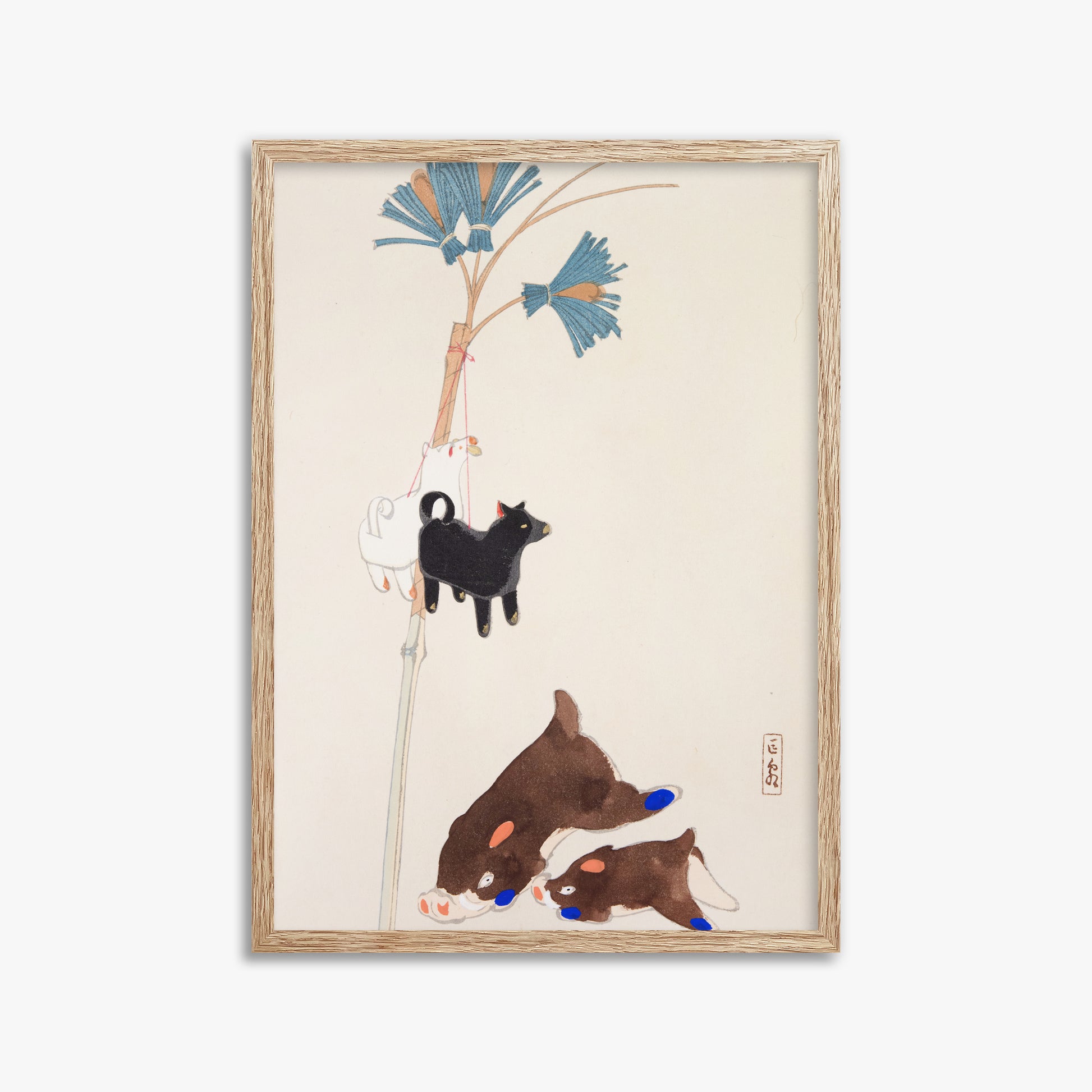 Kawasaki Kyosen: Kyosen’s Collected Illustrations of Japanese Toys Nr. 2 ("Japanese Festival Trinkets"), 50x70cm Framed Art Reproduction With Raw Oak Frame