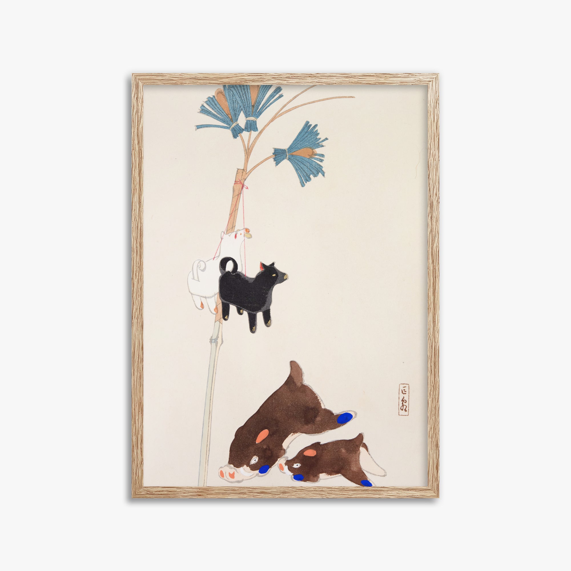 Kawasaki Kyosen: Kyosen’s Collected Illustrations of Japanese Toys Nr. 2 ("Japanese Festival Trinkets"), 50x70cm Framed Art Reproduction With Raw Oak Frame