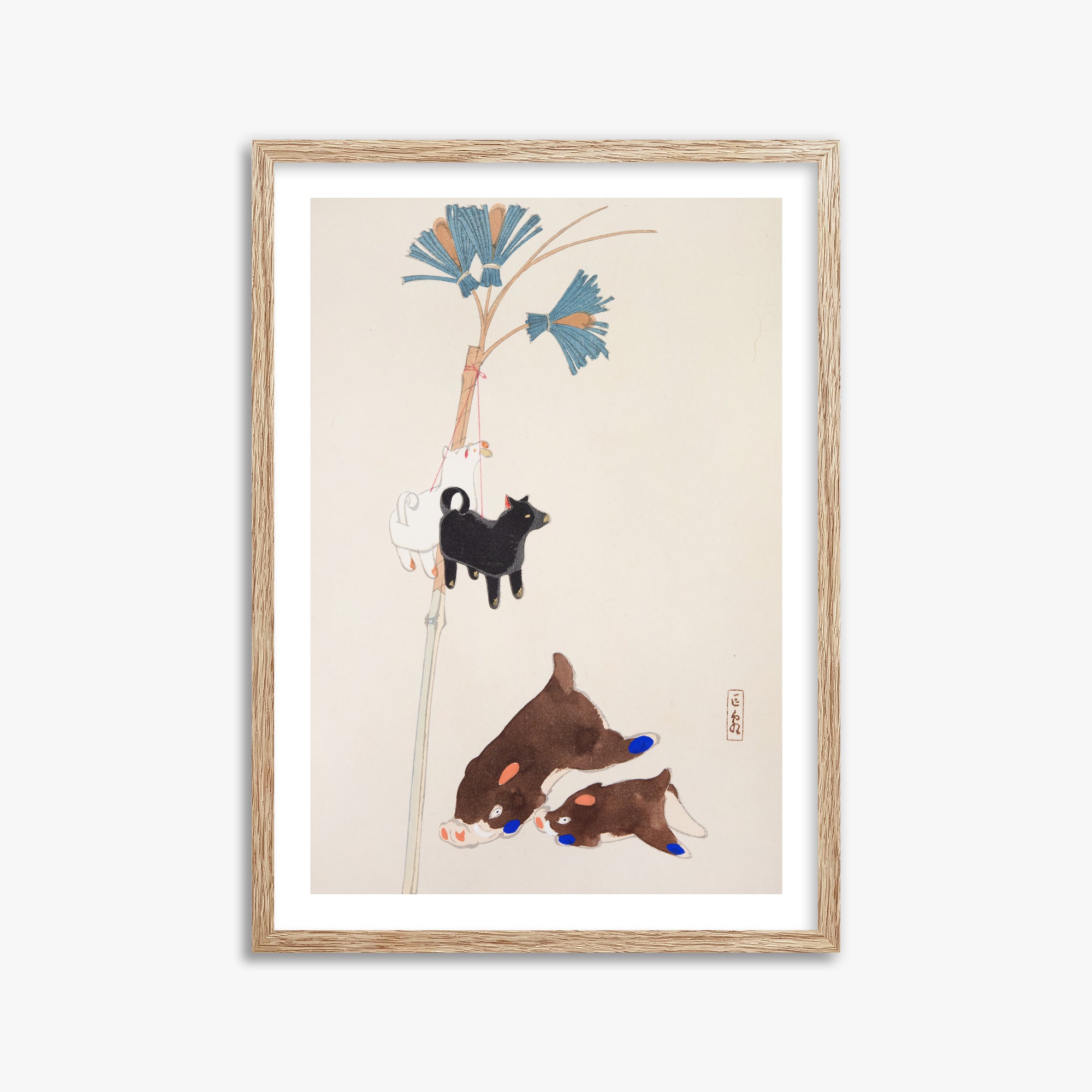 Kawasaki Kyosen: Kyosen’s Collected Illustrations of Japanese Toys Nr. 2 ("Japanese Festival Trinkets"), 50x70cm Framed Art Reproduction With Raw Oak Frame