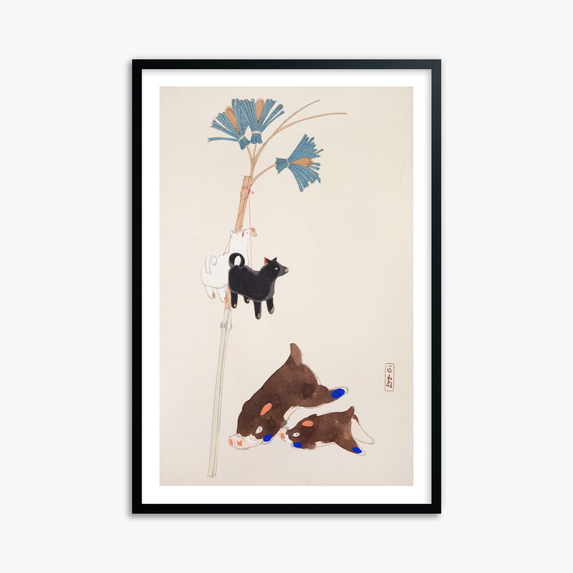 Kawasaki Kyosen: Kyosen’s Collected Illustrations of Japanese Toys Nr. 2 ("Japanese Festival Trinkets"), 61x91cm Framed Art Reproduction With Black Frame