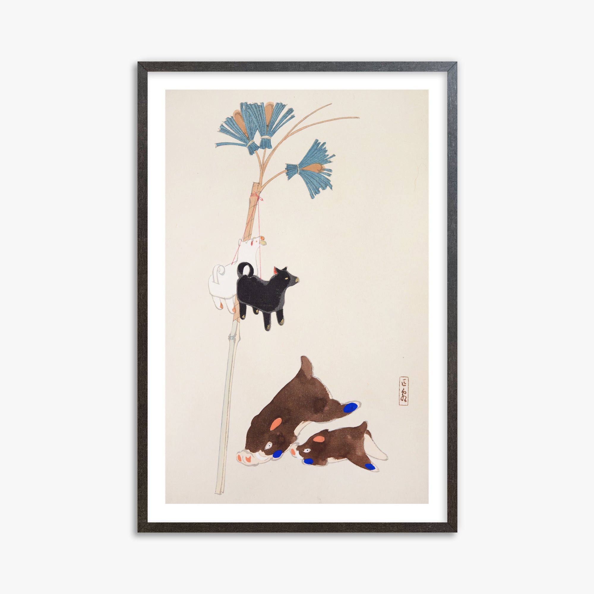 Kawasaki Kyosen: Kyosen’s Collected Illustrations of Japanese Toys Nr. 2 ("Japanese Festival Trinkets"), 61x91cm Framed Art Reproduction With Espresso Frame
