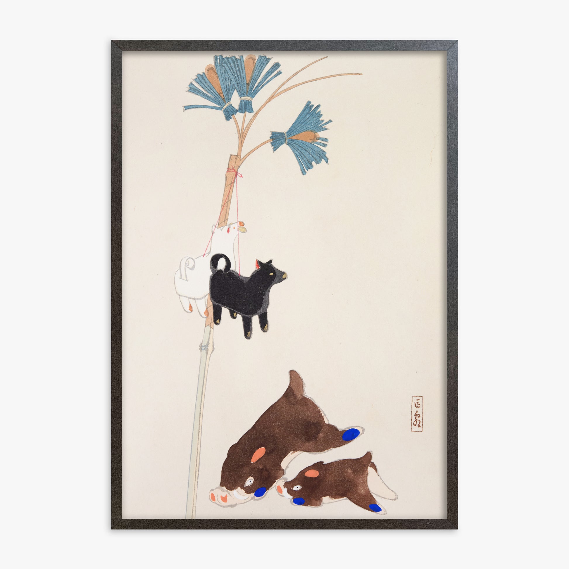 Kawasaki Kyosen: Kyosen’s Collected Illustrations of Japanese Toys Nr. 2 ("Japanese Festival Trinkets"), 70x100cm Framed Art Reproduction With Espresso Frame