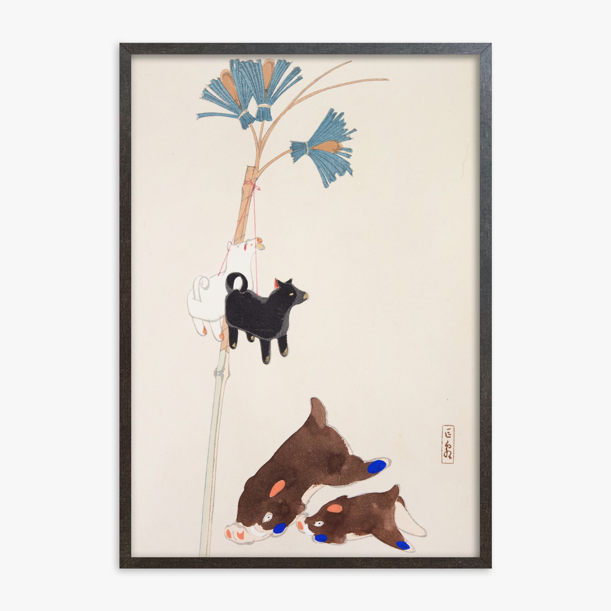 Kawasaki Kyosen: Kyosen’s Collected Illustrations of Japanese Toys Nr. 2 ("Japanese Festival Trinkets"), 70x100cm Framed Art Reproduction With Espresso Frame