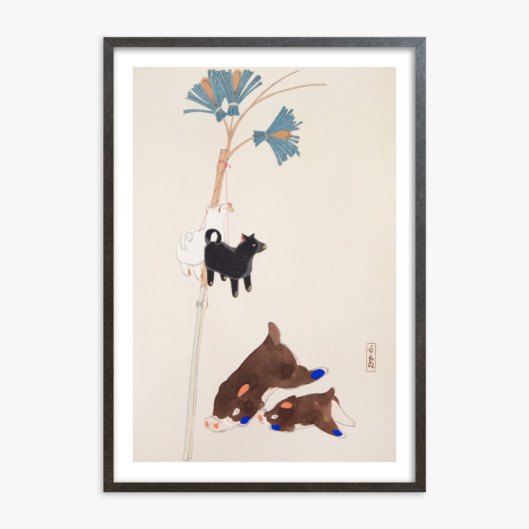 Kawasaki Kyosen: Kyosen’s Collected Illustrations of Japanese Toys Nr. 2 ("Japanese Festival Trinkets"), 70x100cm Framed Art Reproduction With Espresso Frame
