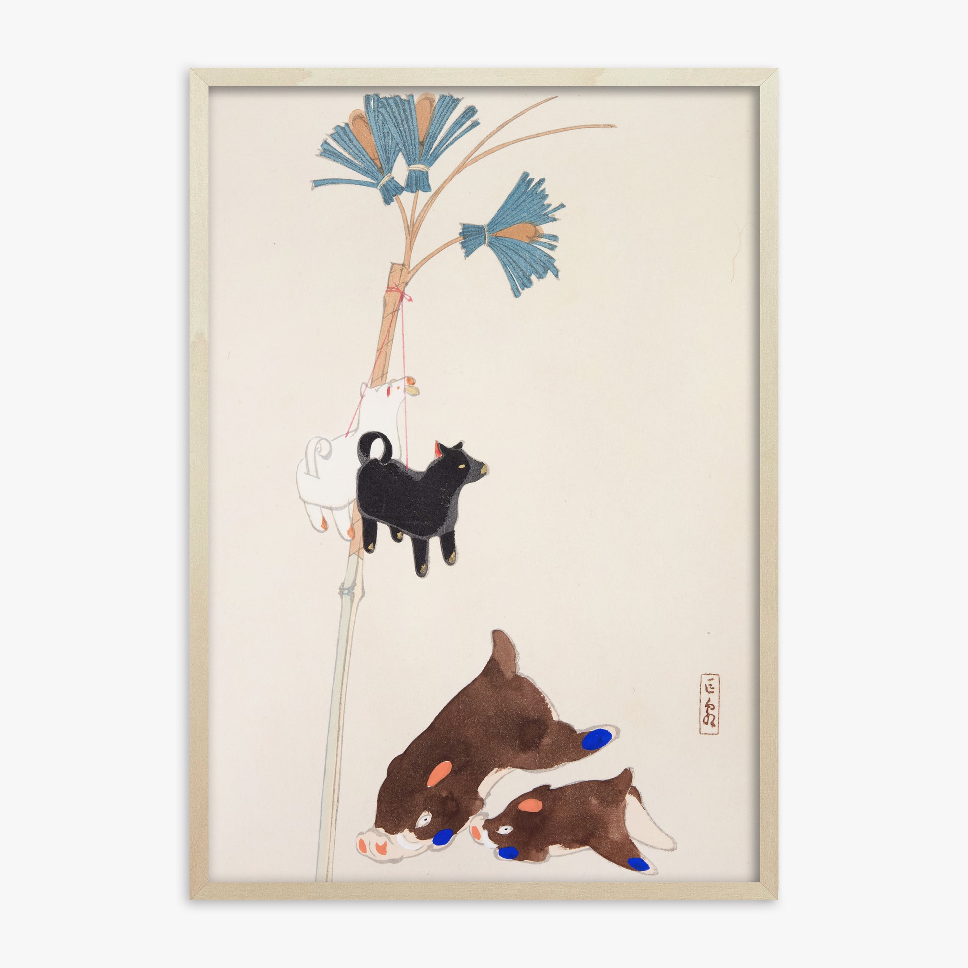 Kawasaki Kyosen: Kyosen’s Collected Illustrations of Japanese Toys Nr. 2 ("Japanese Festival Trinkets"), 70x100cm Framed Art Reproduction With Lime Wood Frame