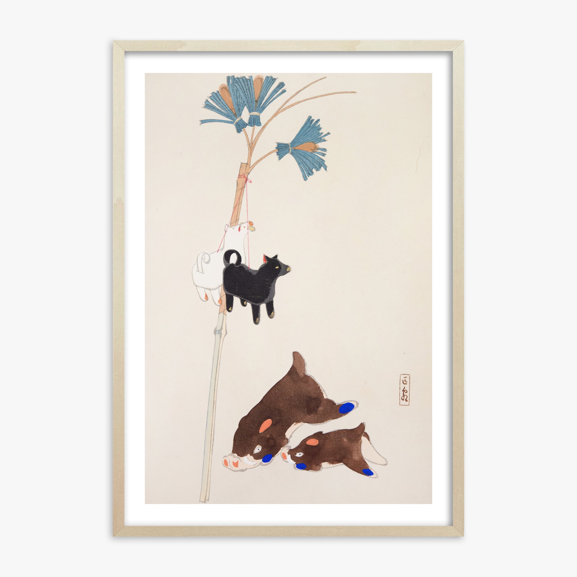 Kawasaki Kyosen: Kyosen’s Collected Illustrations of Japanese Toys Nr. 2 ("Japanese Festival Trinkets"), 70x100cm Framed Art Reproduction With Lime Wood Frame