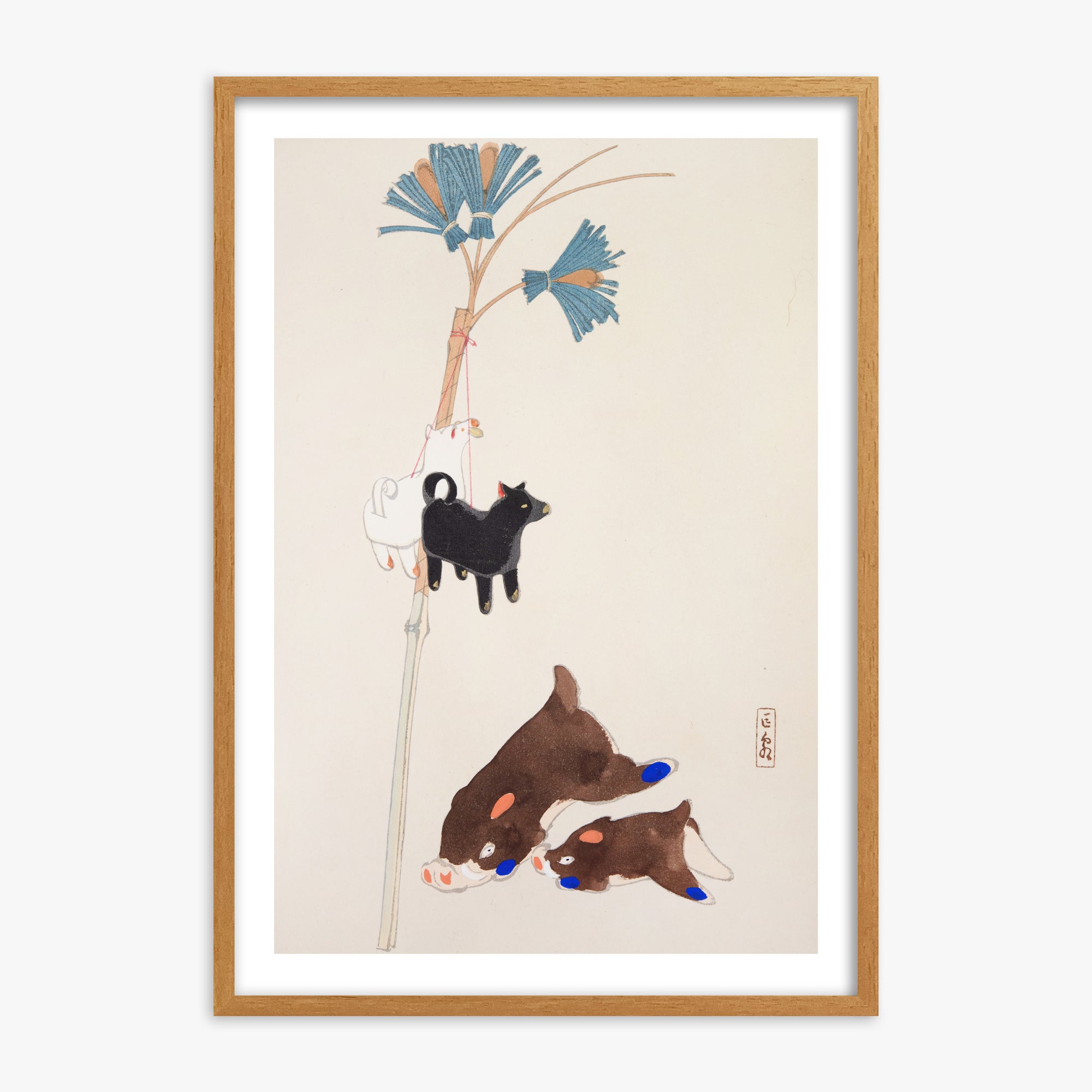 Kawasaki Kyosen: Kyosen’s Collected Illustrations of Japanese Toys Nr. 2 ("Japanese Festival Trinkets"), 70x100cm Framed Art Reproduction With Oak Frame