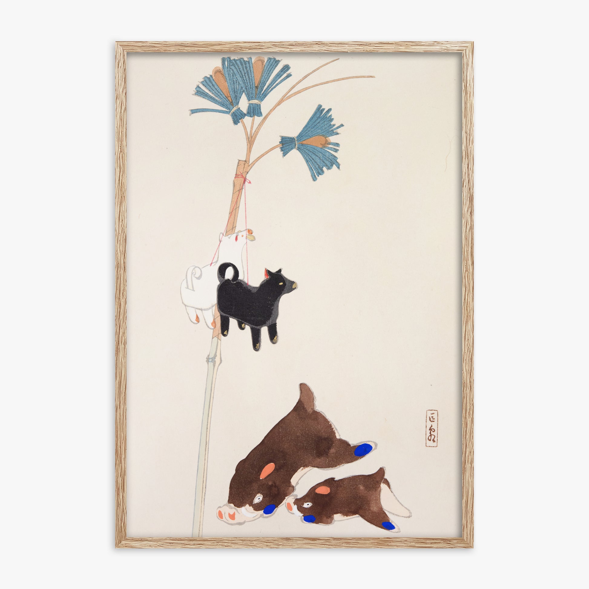 Kawasaki Kyosen: Kyosen’s Collected Illustrations of Japanese Toys Nr. 2 ("Japanese Festival Trinkets"), 70x100cm Framed Art Reproduction With Raw Oak Frame