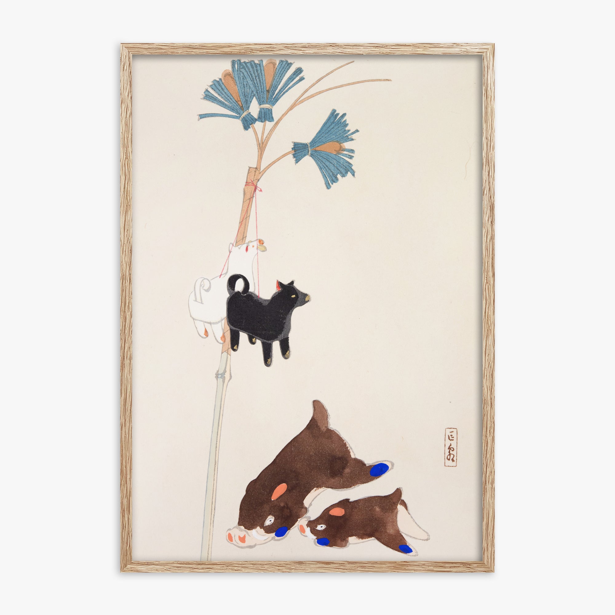 Kawasaki Kyosen: Kyosen’s Collected Illustrations of Japanese Toys Nr. 2 ("Japanese Festival Trinkets"), 70x100cm Framed Art Reproduction With Raw Oak Frame
