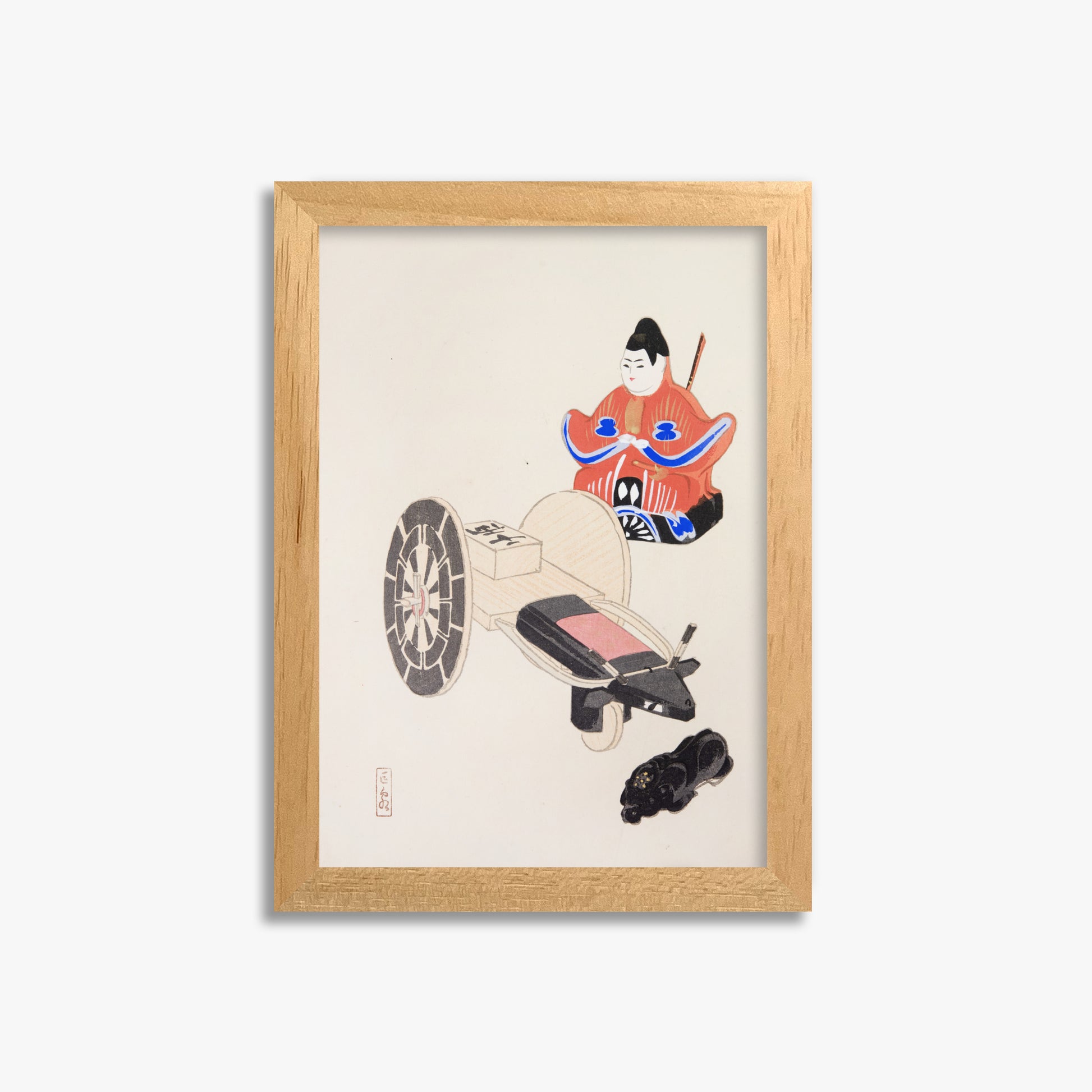Kawasaki Kyosen: Kyosen’s Collected Illustrations of Japanese Toys Nr. 3 ("Ancient Toymaker"), 21x30cm Framed Art Reproduction With Oak Frame