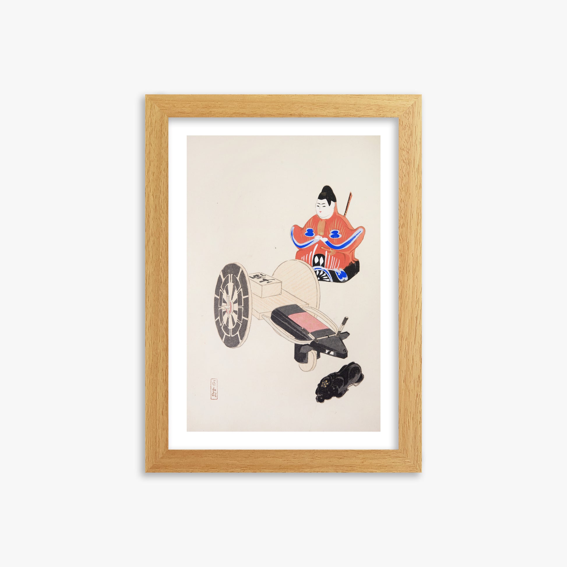 Kawasaki Kyosen: Kyosen’s Collected Illustrations of Japanese Toys Nr. 3 ("Ancient Toymaker"), 21x30cm Framed Art Reproduction With Oak Frame