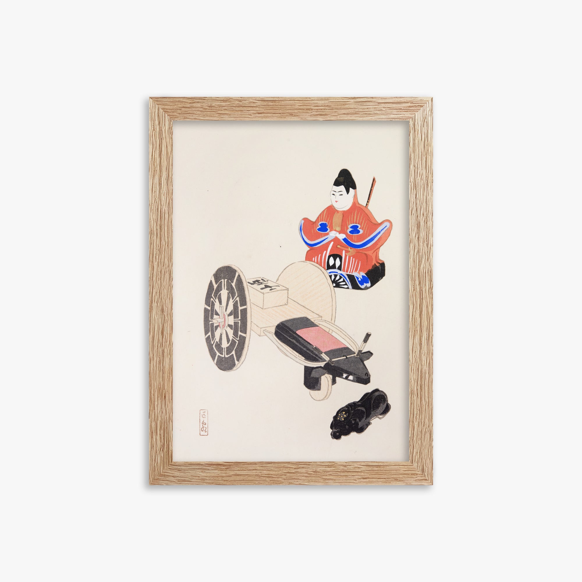 Kawasaki Kyosen: Kyosen’s Collected Illustrations of Japanese Toys Nr. 3 ("Ancient Toymaker"), 21x30cm Framed Art Reproduction With Raw Oak Frame