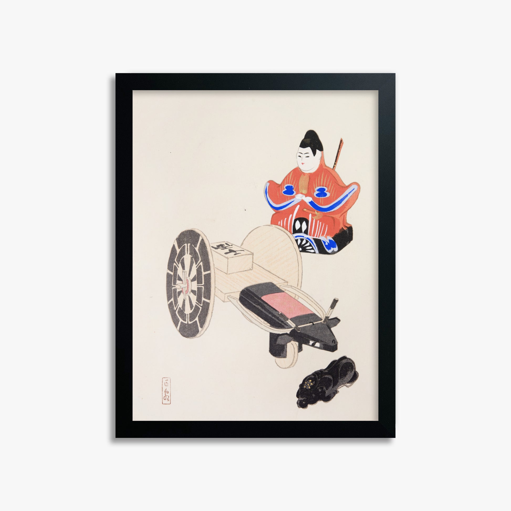 Kawasaki Kyosen: Kyosen’s Collected Illustrations of Japanese Toys Nr. 3 ("Ancient Toymaker"), 30x40cm Framed Art Reproduction With Black Frame