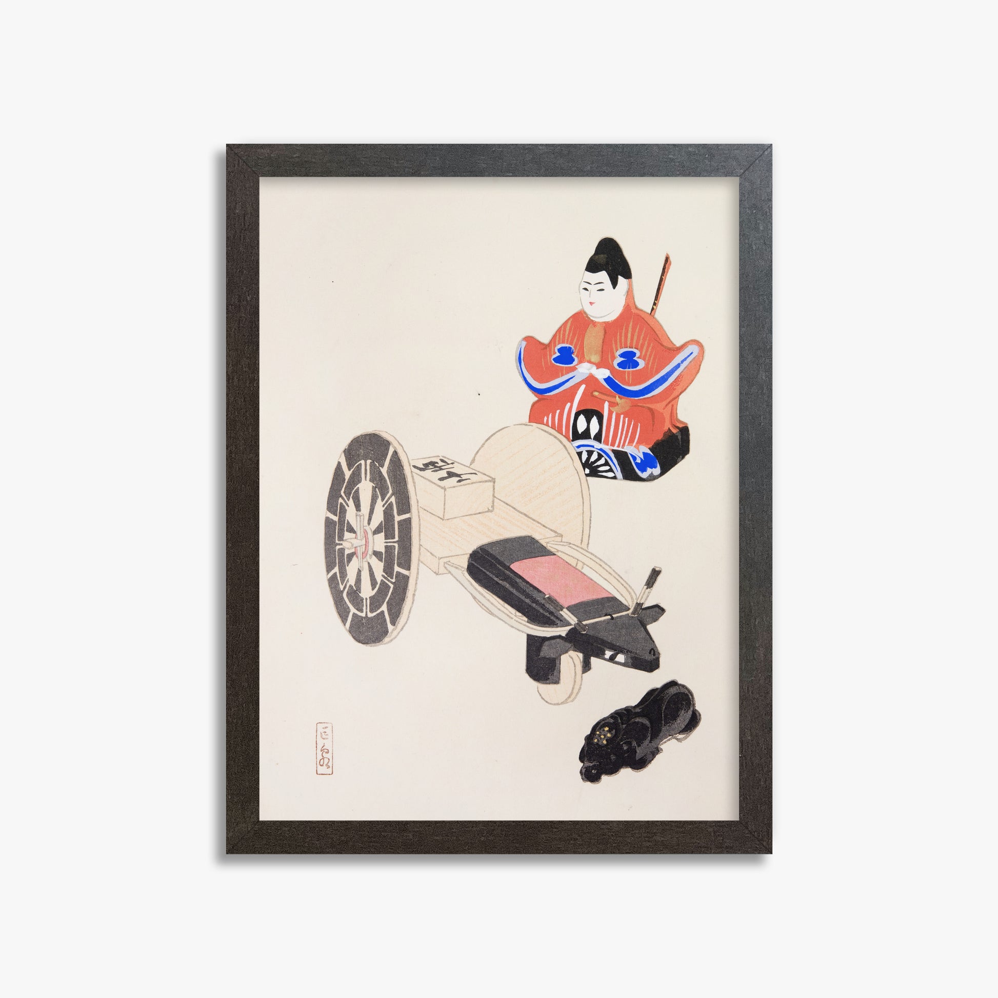 Kawasaki Kyosen: Kyosen’s Collected Illustrations of Japanese Toys Nr. 3 ("Ancient Toymaker"), 30x40cm Framed Art Reproduction With Espresso Frame