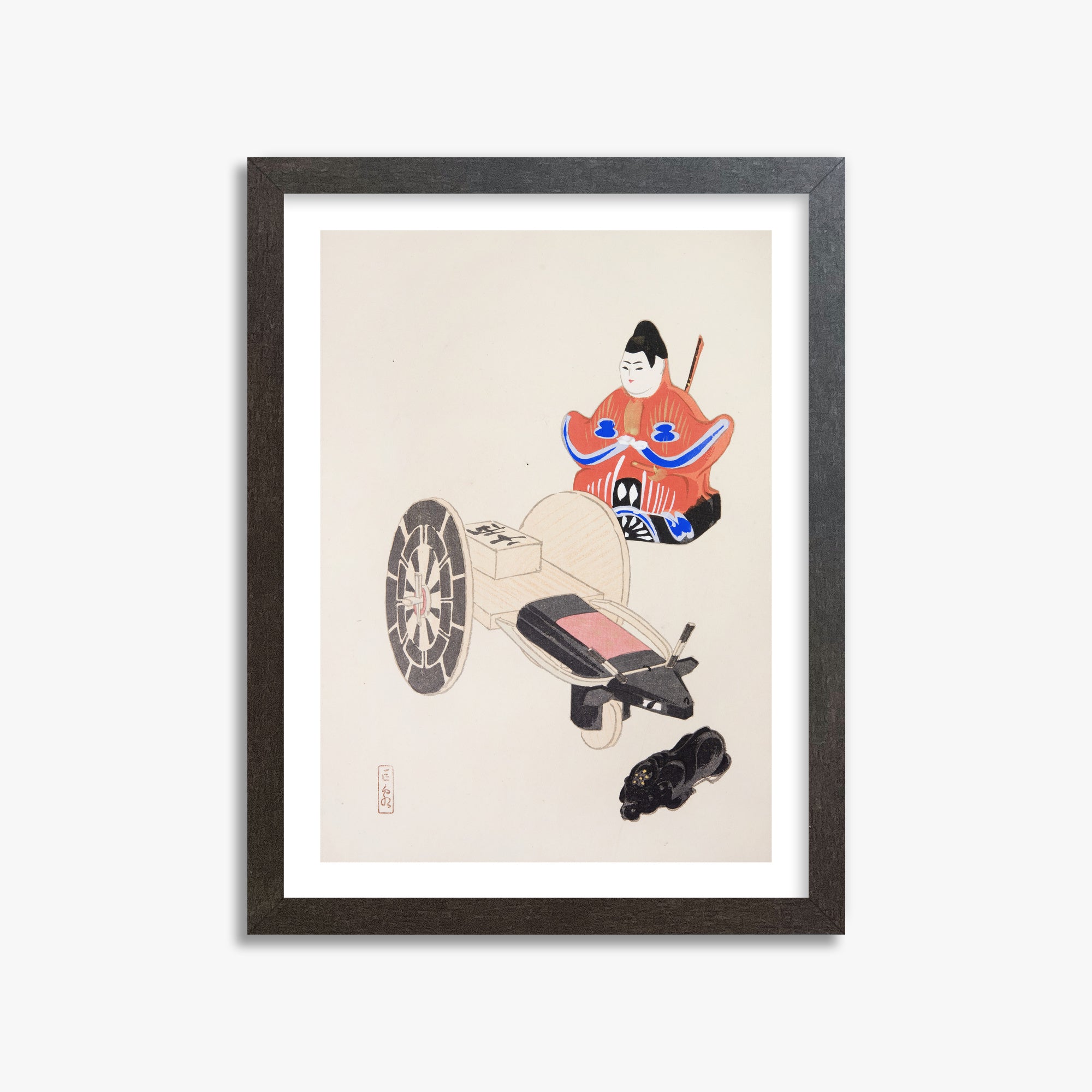 Kawasaki Kyosen: Kyosen’s Collected Illustrations of Japanese Toys Nr. 3 ("Ancient Toymaker"), 30x40cm Framed Art Reproduction With Espresso Frame