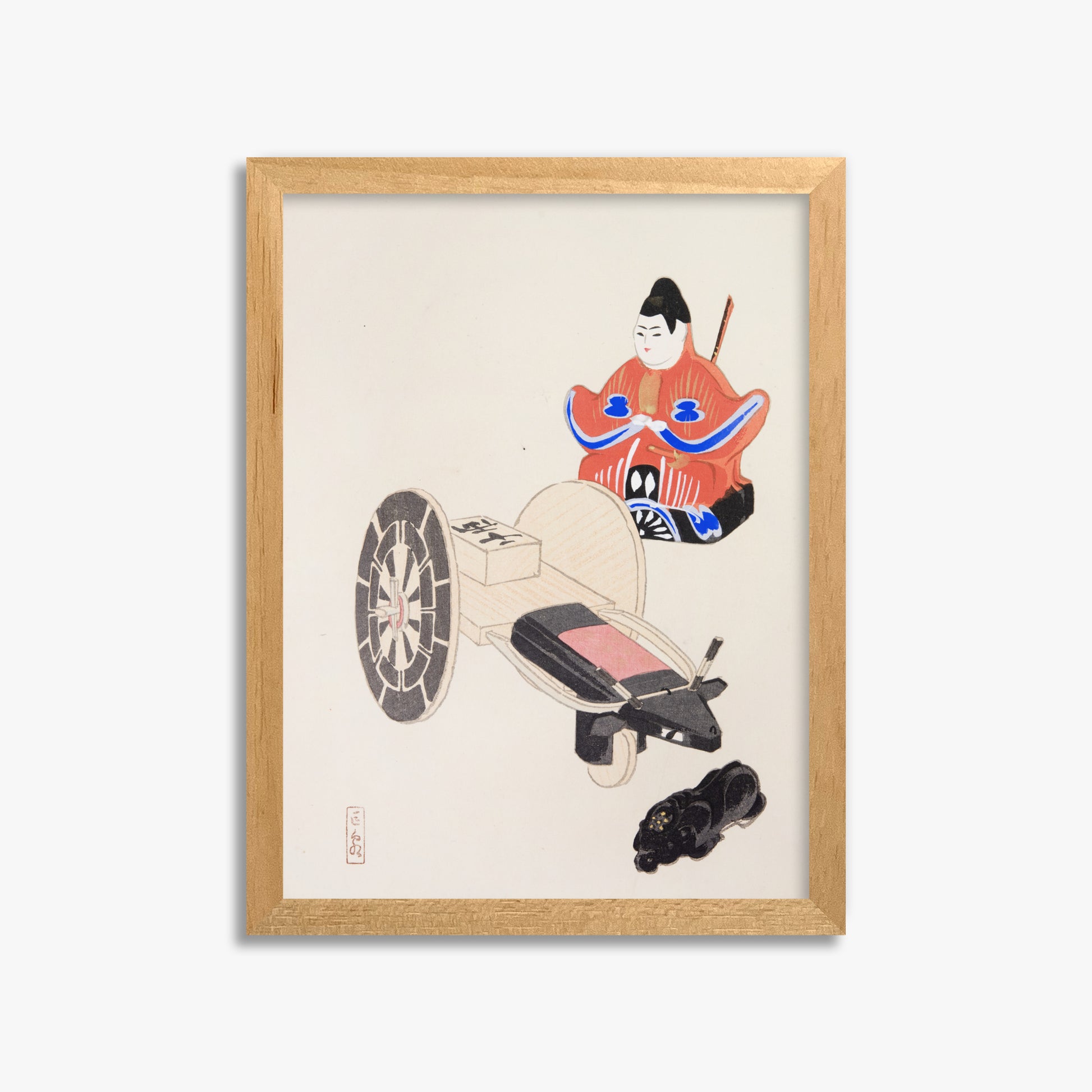 Kawasaki Kyosen: Kyosen’s Collected Illustrations of Japanese Toys Nr. 3 ("Ancient Toymaker"), 30x40cm Framed Art Reproduction With Oak Frame