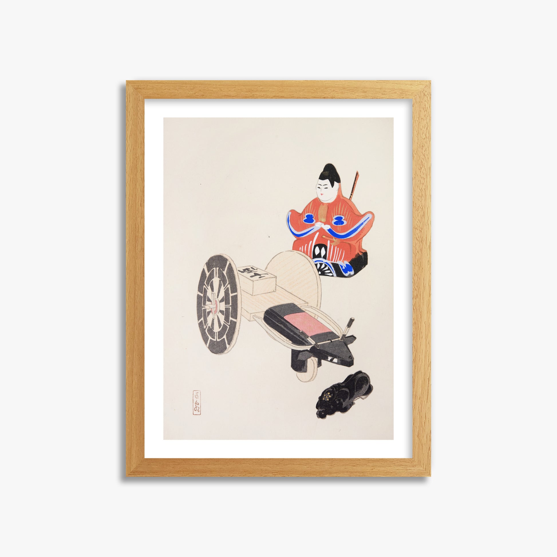 Kawasaki Kyosen: Kyosen’s Collected Illustrations of Japanese Toys Nr. 3 ("Ancient Toymaker"), 30x40cm Framed Art Reproduction With Oak Frame