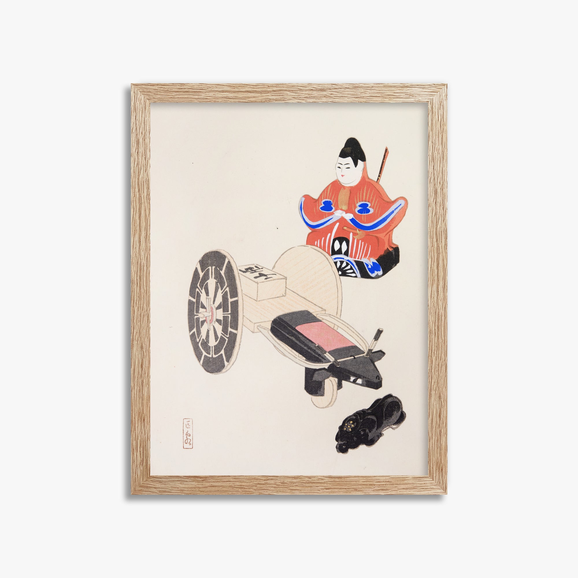 Kawasaki Kyosen: Kyosen’s Collected Illustrations of Japanese Toys Nr. 3 ("Ancient Toymaker"), 30x40cm Framed Art Reproduction With Raw Oak Frame