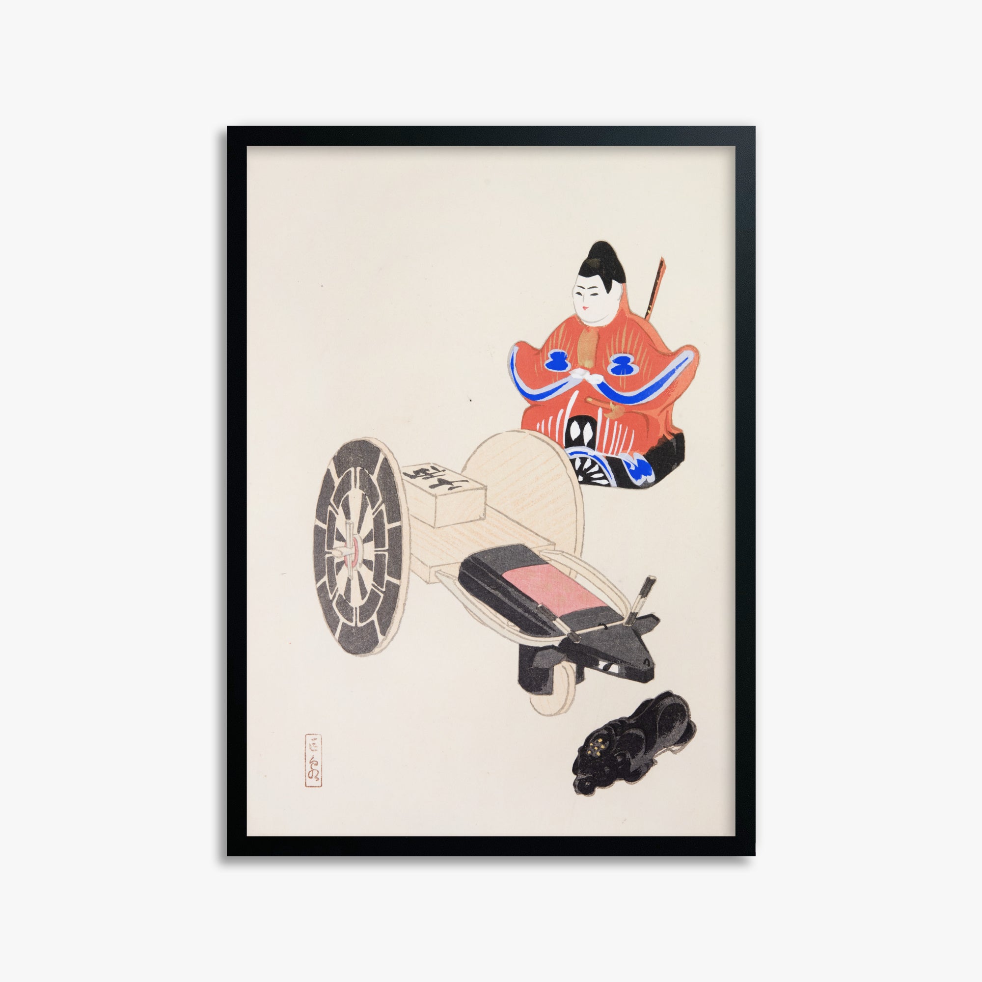 Kawasaki Kyosen: Kyosen’s Collected Illustrations of Japanese Toys Nr. 3 ("Ancient Toymaker"), 50x70cm Framed Art Reproduction With Black Frame