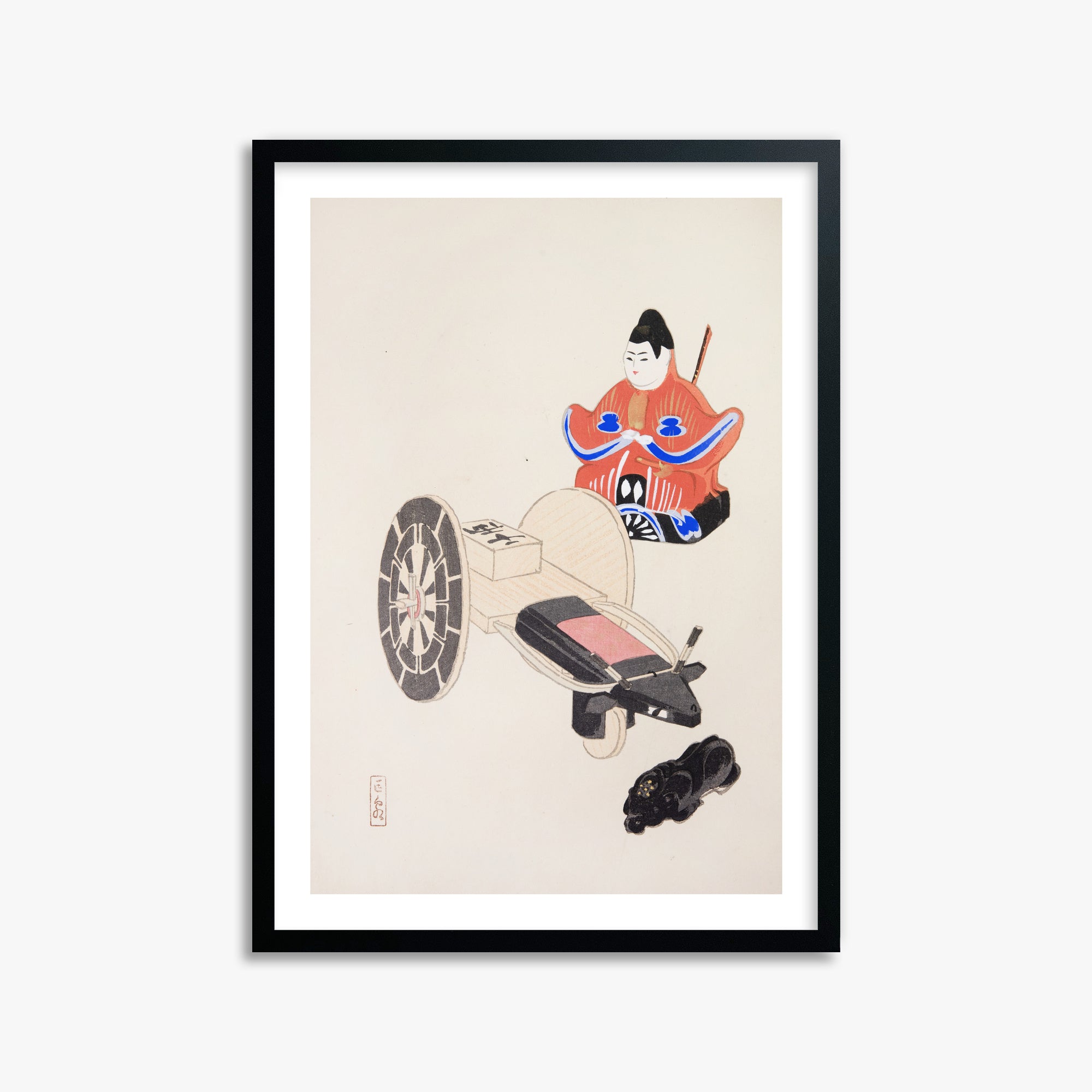 Kawasaki Kyosen: Kyosen’s Collected Illustrations of Japanese Toys Nr. 3 ("Ancient Toymaker"), 50x70cm Framed Art Reproduction With Black Frame