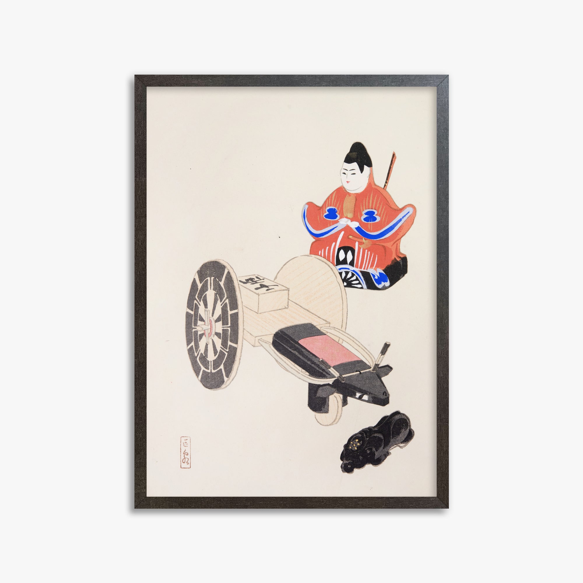 Kawasaki Kyosen: Kyosen’s Collected Illustrations of Japanese Toys Nr. 3 ("Ancient Toymaker"), 50x70cm Framed Art Reproduction With Espresso Frame