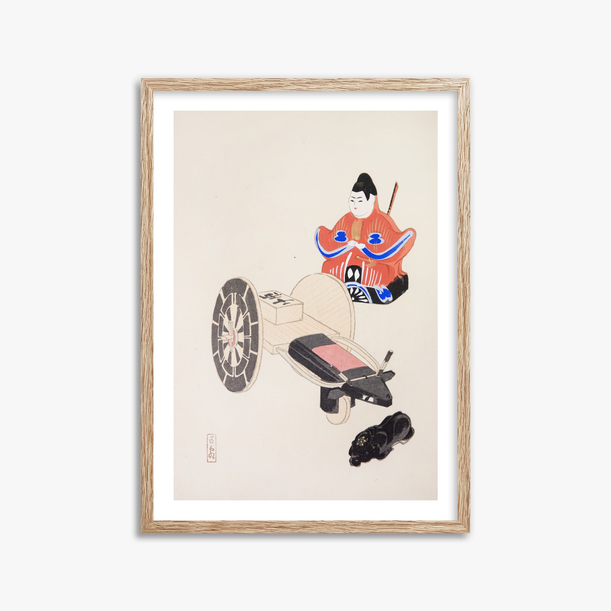 Kawasaki Kyosen: Kyosen’s Collected Illustrations of Japanese Toys Nr. 3 ("Ancient Toymaker"), 50x70cm Framed Art Reproduction With Raw Oak Frame
