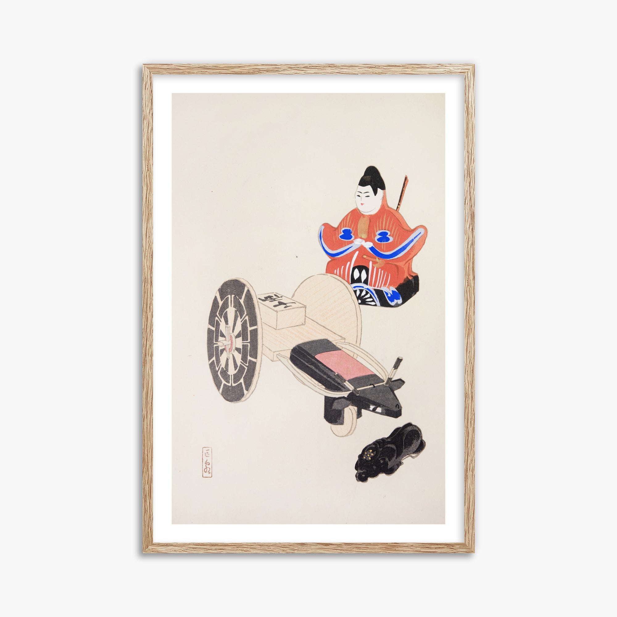 Kawasaki Kyosen: Kyosen’s Collected Illustrations of Japanese Toys Nr. 3 ("Ancient Toymaker"), 61x91cm Framed Art Reproduction With Raw Oak Frame