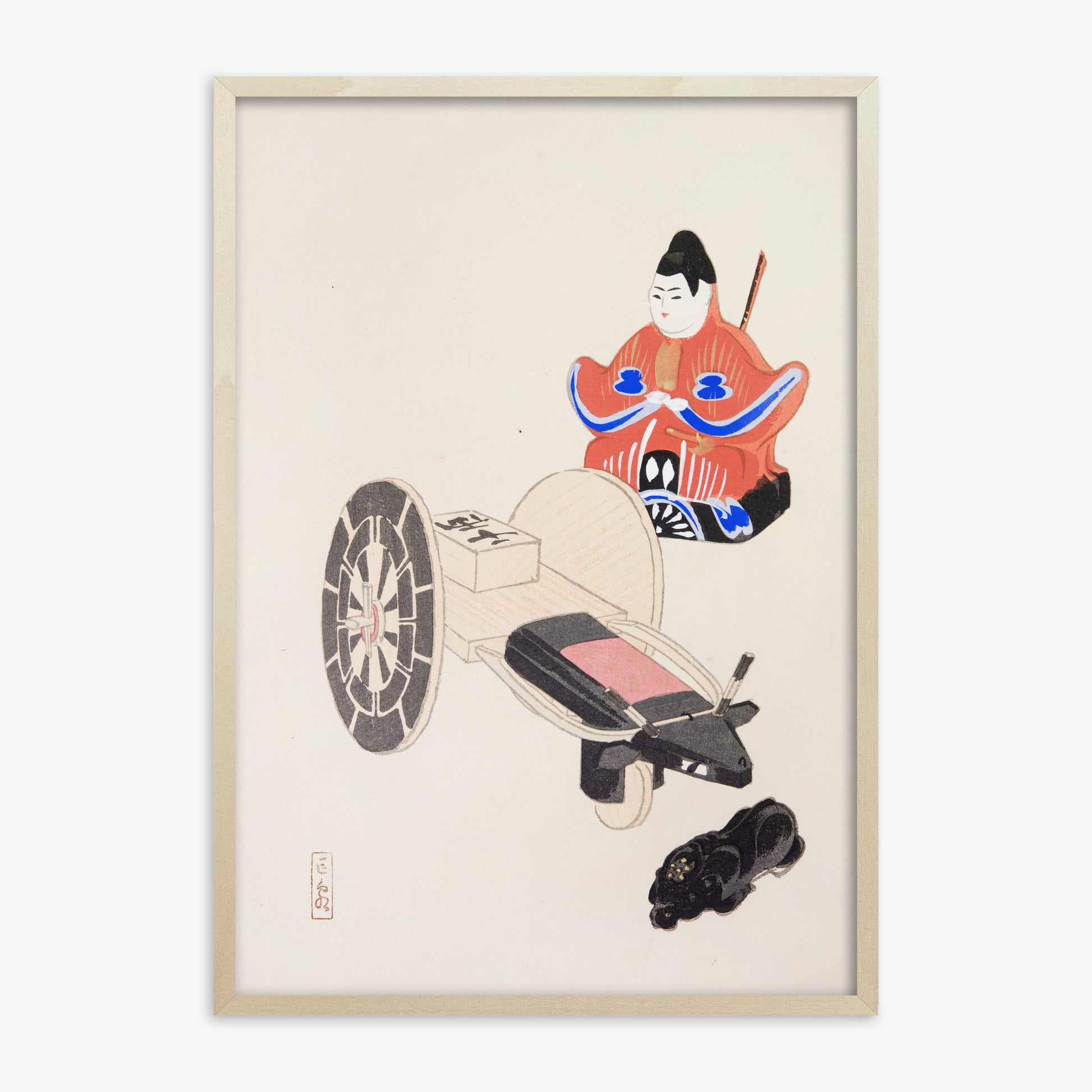 Kawasaki Kyosen: Kyosen’s Collected Illustrations of Japanese Toys Nr. 3 ("Ancient Toymaker"), 70x100cm Framed Art Reproduction With Lime Wood Frame