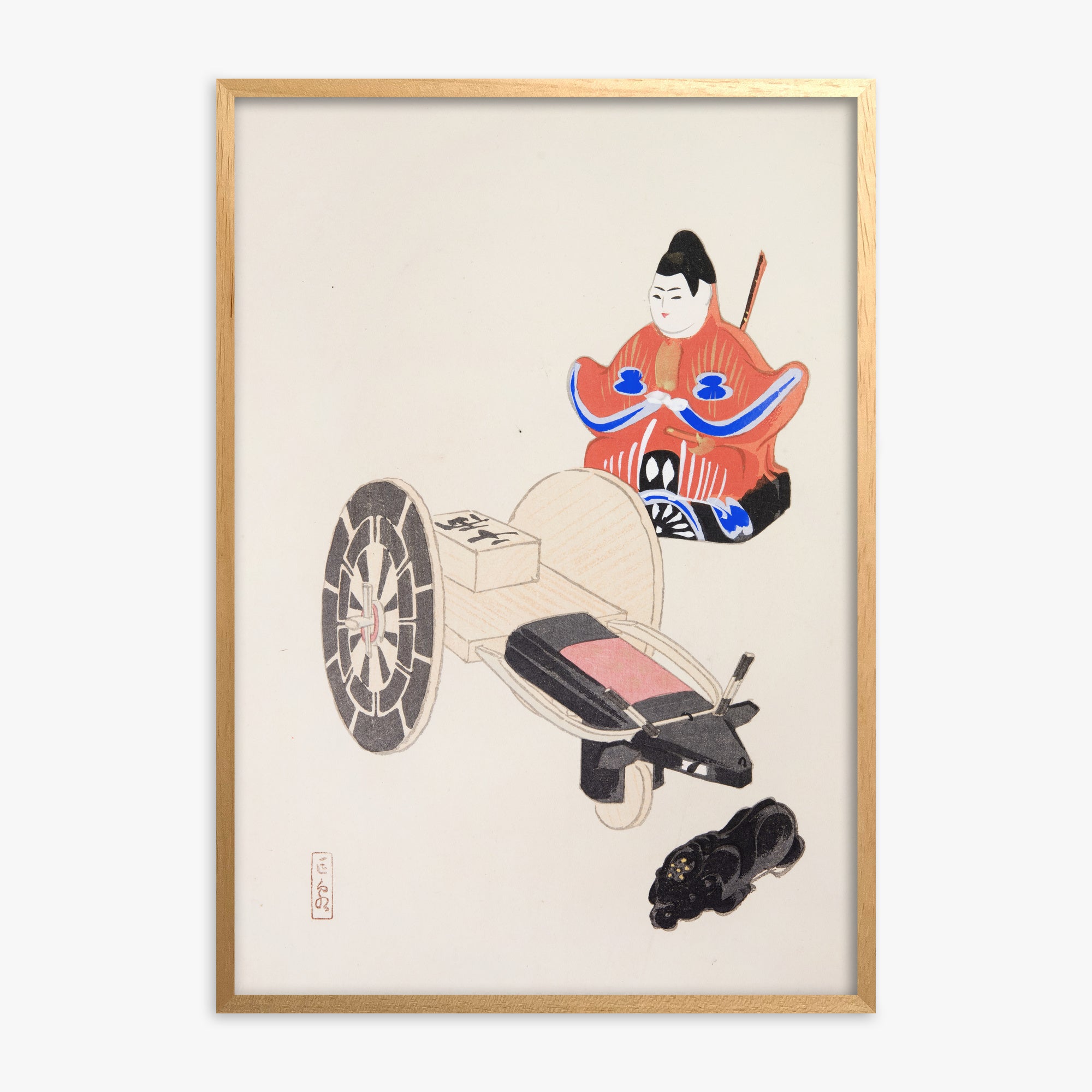 Kawasaki Kyosen: Kyosen’s Collected Illustrations of Japanese Toys Nr. 3 ("Ancient Toymaker"), Oak Framed Art Reproduction With Oak Frame