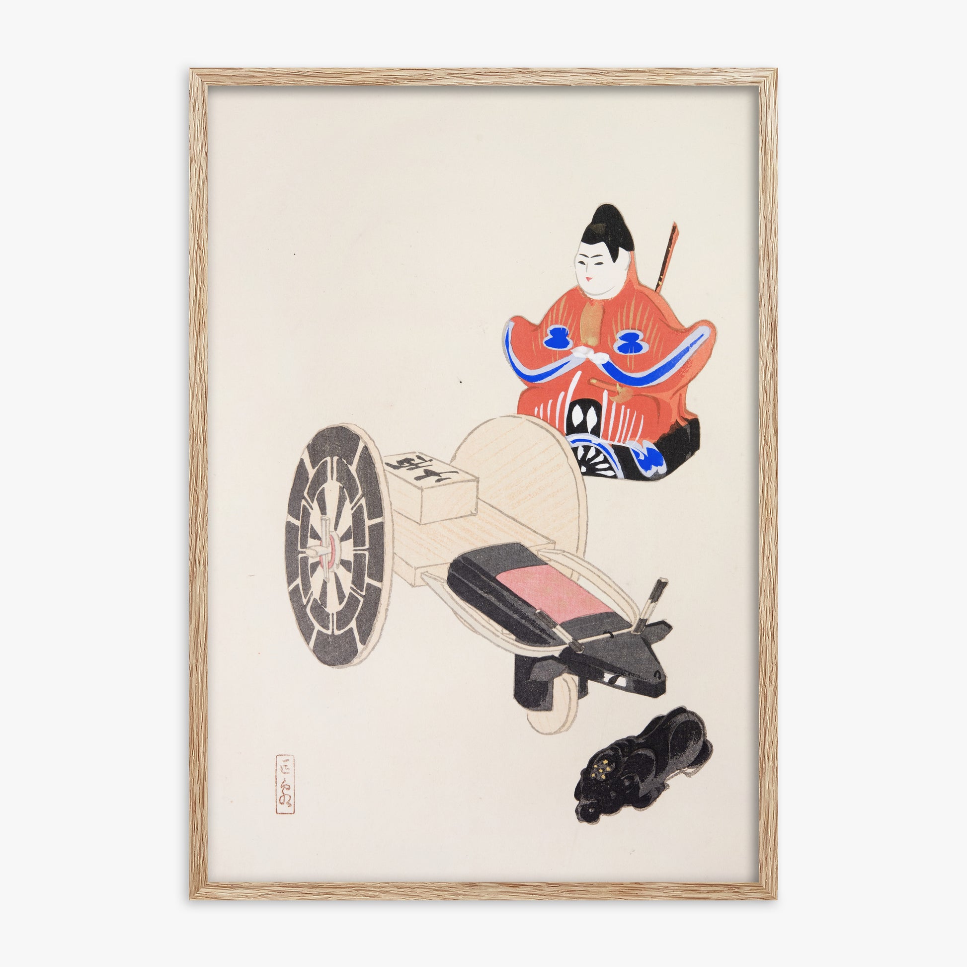 Kawasaki Kyosen: Kyosen’s Collected Illustrations of Japanese Toys Nr. 3 ("Ancient Toymaker"), 70x100cm Framed Art Reproduction With Raw Oak Frame