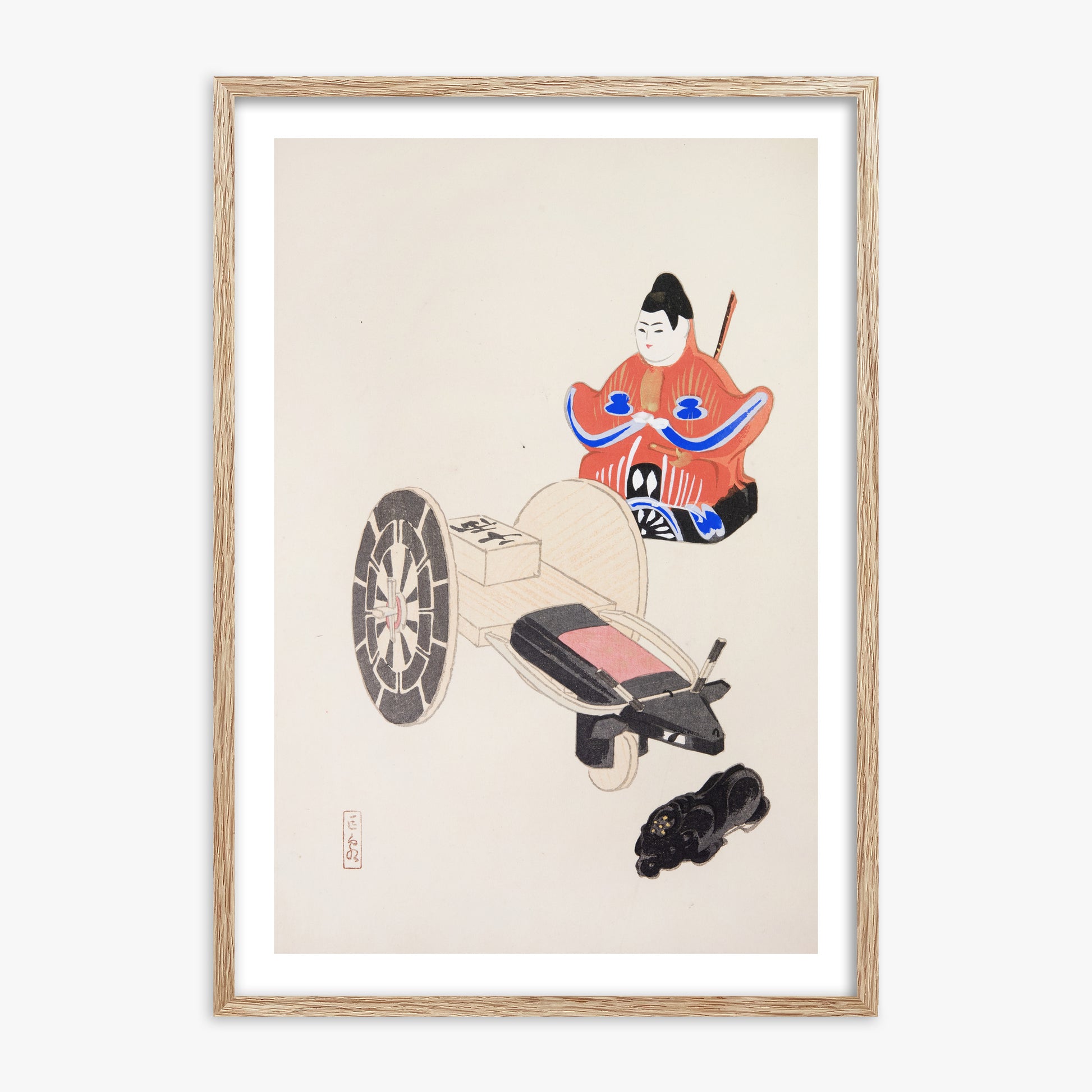 Kawasaki Kyosen: Kyosen’s Collected Illustrations of Japanese Toys Nr. 3 ("Ancient Toymaker"), 70x100cm Framed Art Reproduction With Raw Oak Frame