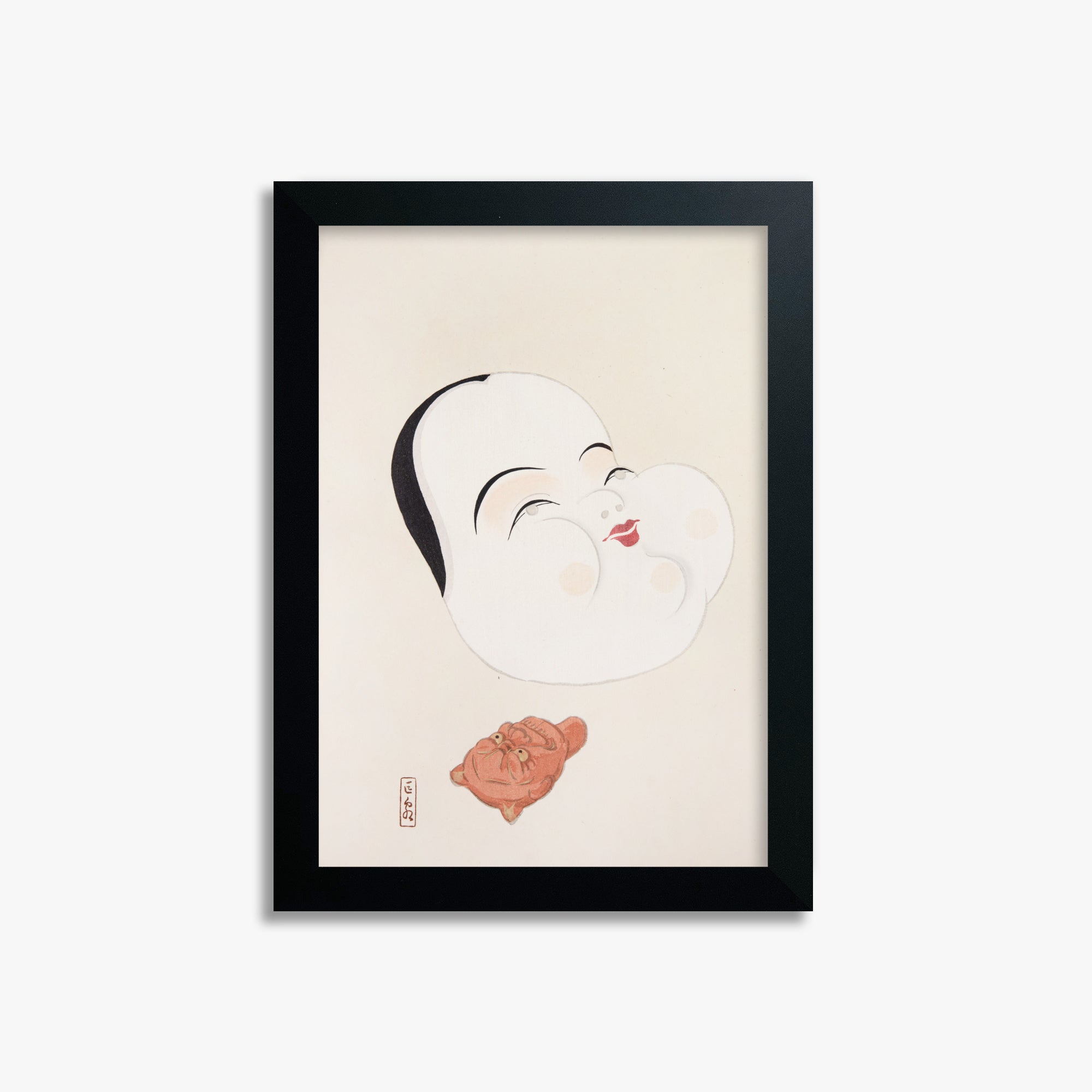Kawasaki Kyosen: Kyosen’s Collected Illustrations of Japanese Toys Nr. 4 ("Joyful Spirit Mask"), 21x30cm Framed Art Reproduction With Black Frame