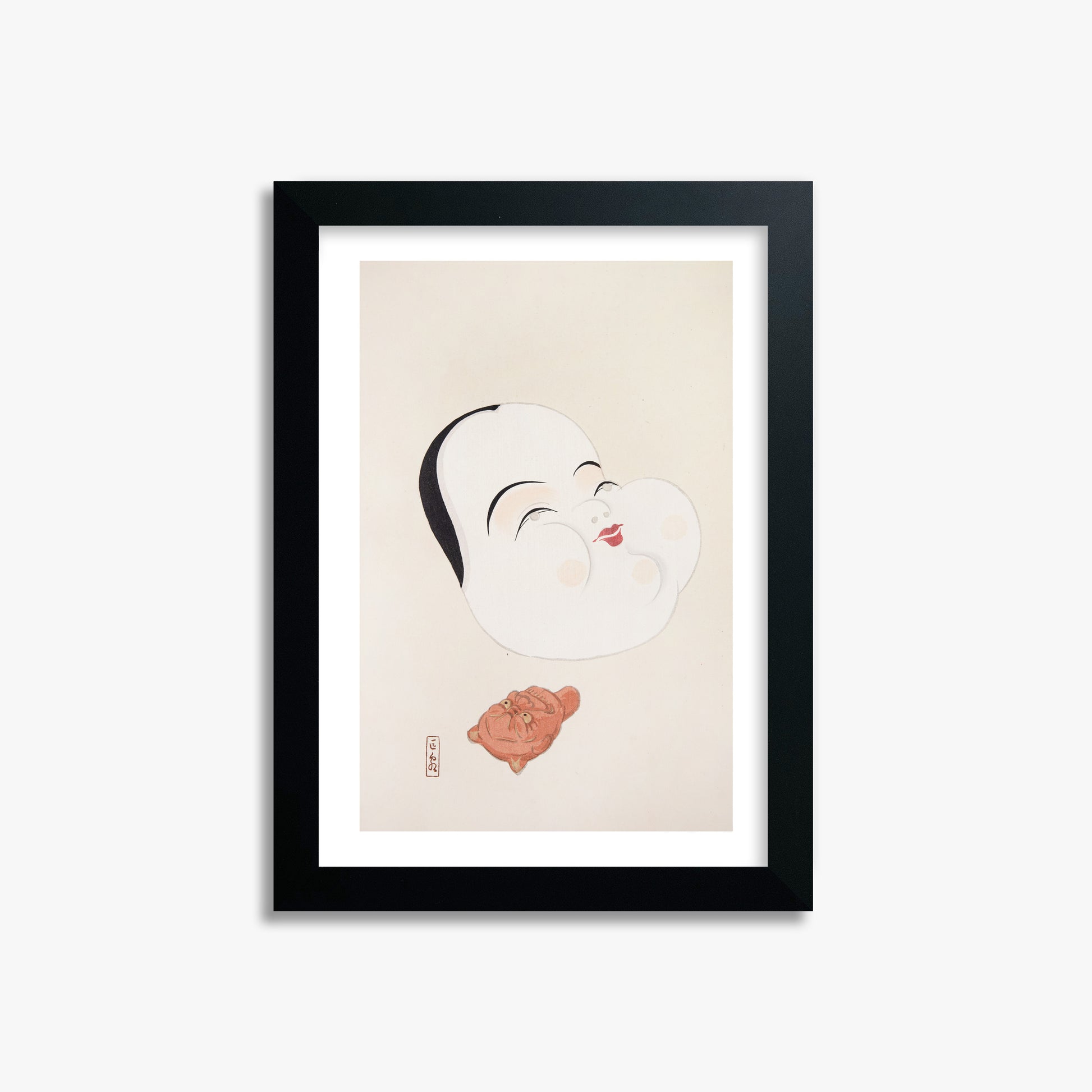 Kawasaki Kyosen: Kyosen’s Collected Illustrations of Japanese Toys Nr. 4 ("Joyful Spirit Mask"), 21x30cm Framed Art Reproduction With Black Frame