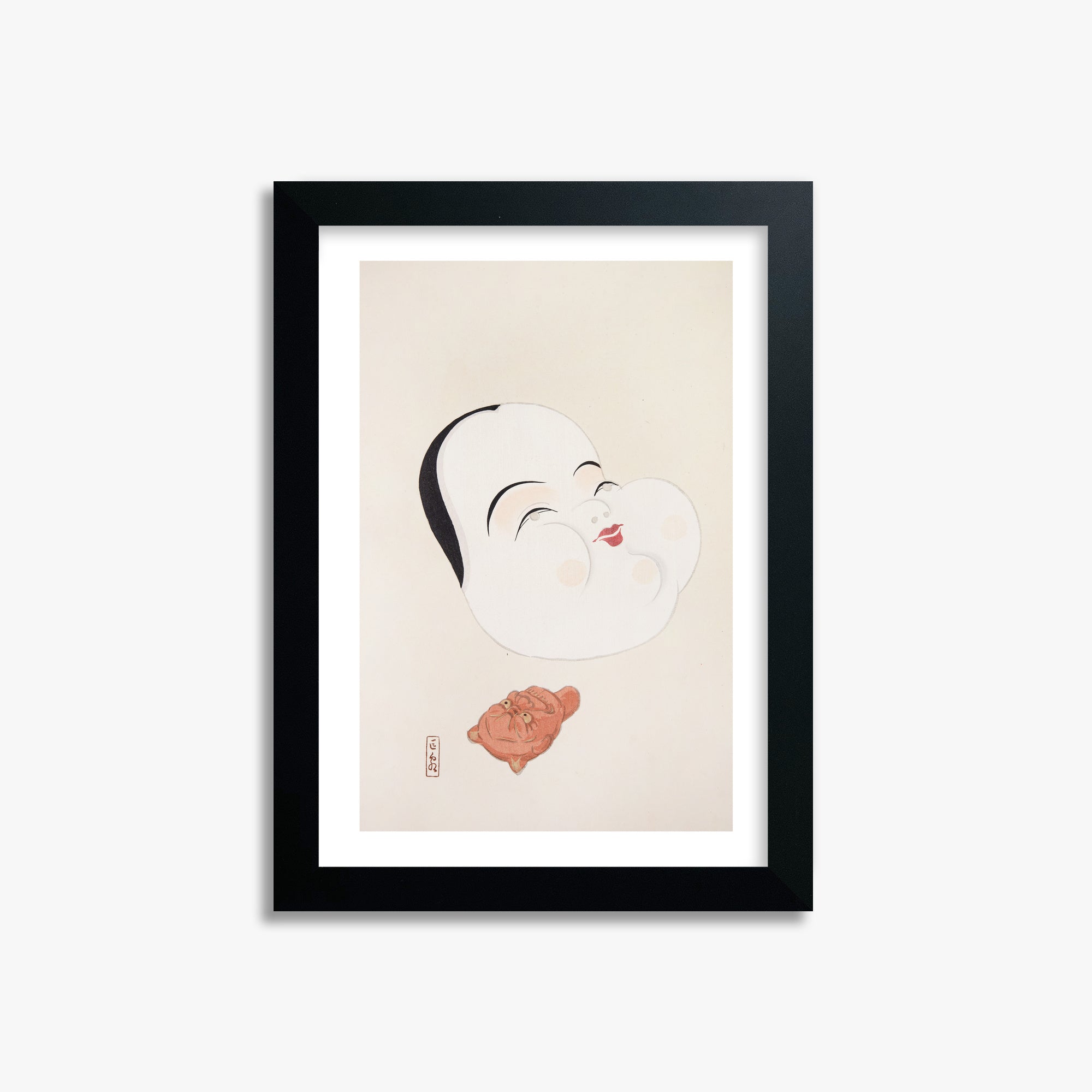 Kawasaki Kyosen: Kyosen’s Collected Illustrations of Japanese Toys Nr. 4 ("Joyful Spirit Mask"), 21x30cm Framed Art Reproduction With Black Frame
