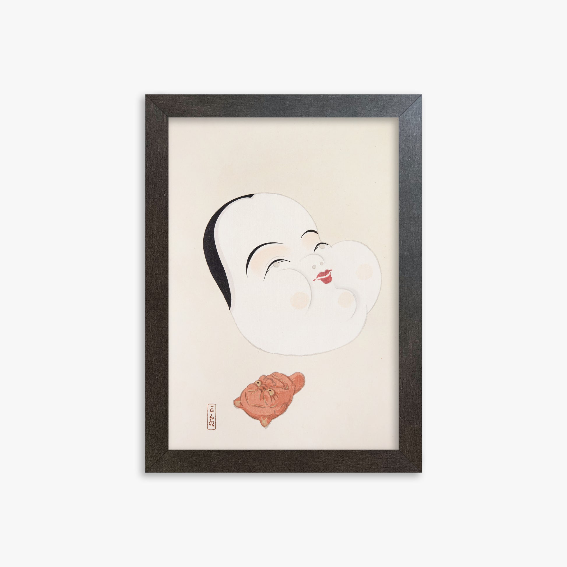 Kawasaki Kyosen: Kyosen’s Collected Illustrations of Japanese Toys Nr. 4 ("Joyful Spirit Mask"), 21x30cm Framed Art Reproduction With Espresso Frame