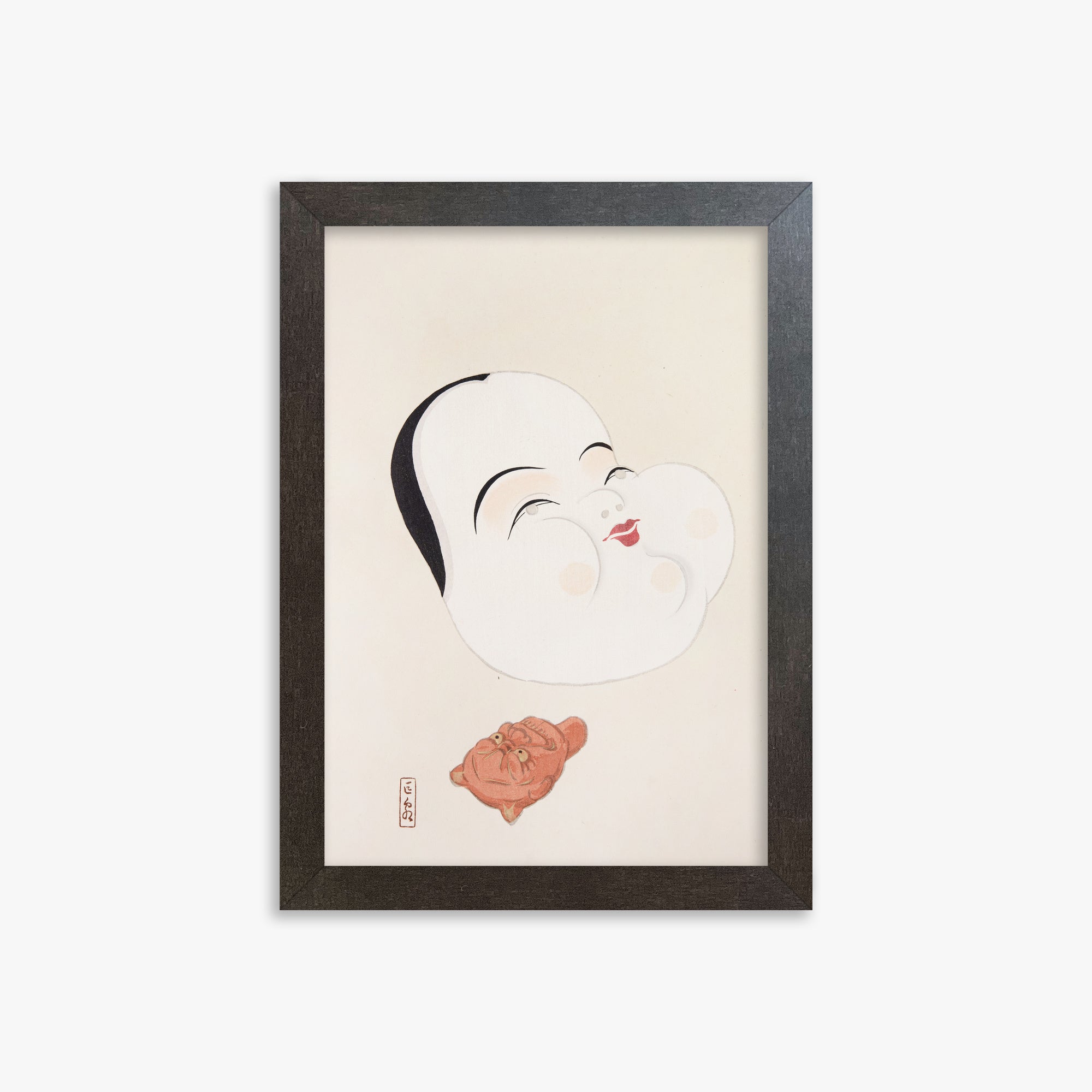 Kawasaki Kyosen: Kyosen’s Collected Illustrations of Japanese Toys Nr. 4 ("Joyful Spirit Mask"), 21x30cm Framed Art Reproduction With Espresso Frame