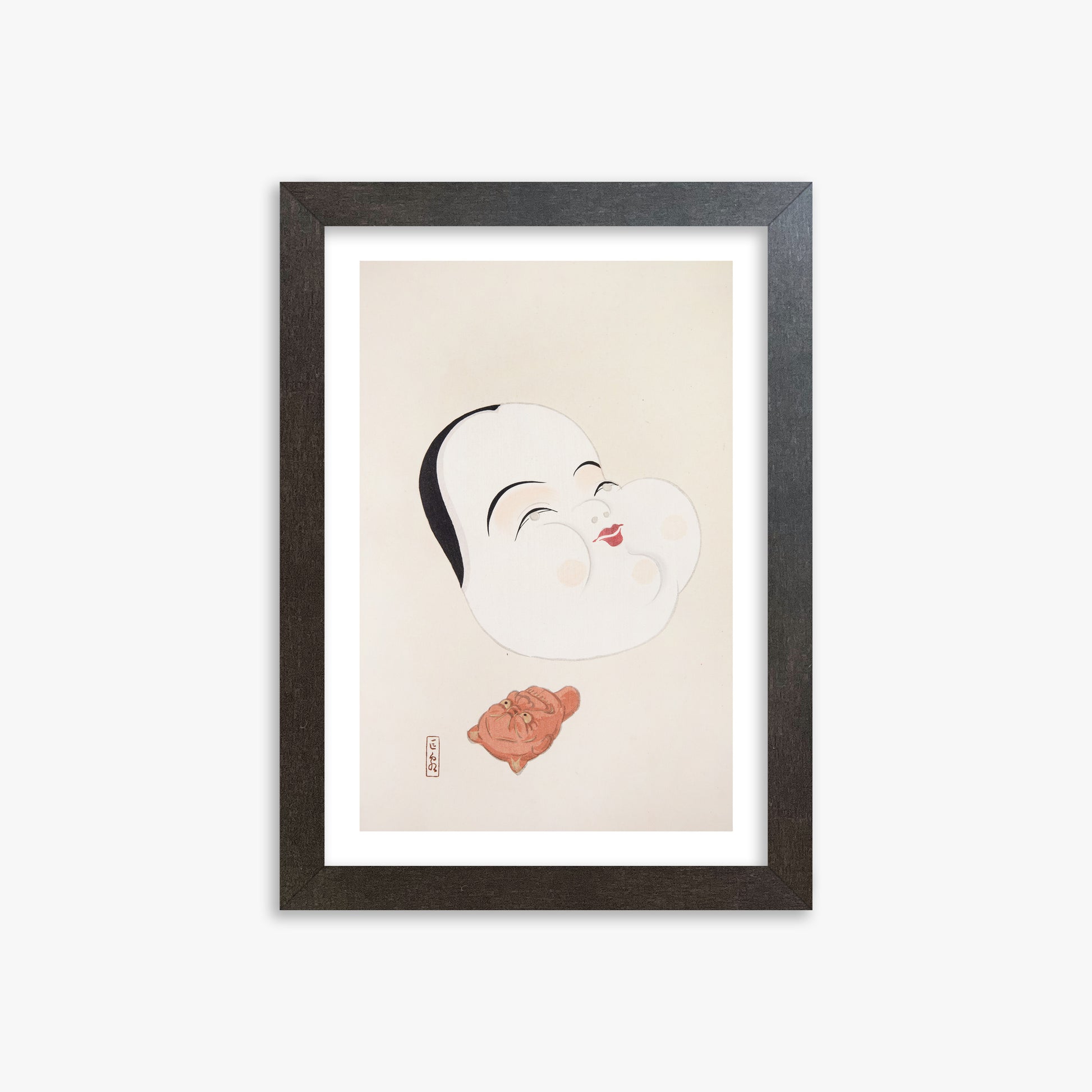 Kawasaki Kyosen: Kyosen’s Collected Illustrations of Japanese Toys Nr. 4 ("Joyful Spirit Mask"), 21x30cm Framed Art Reproduction With Espresso Frame