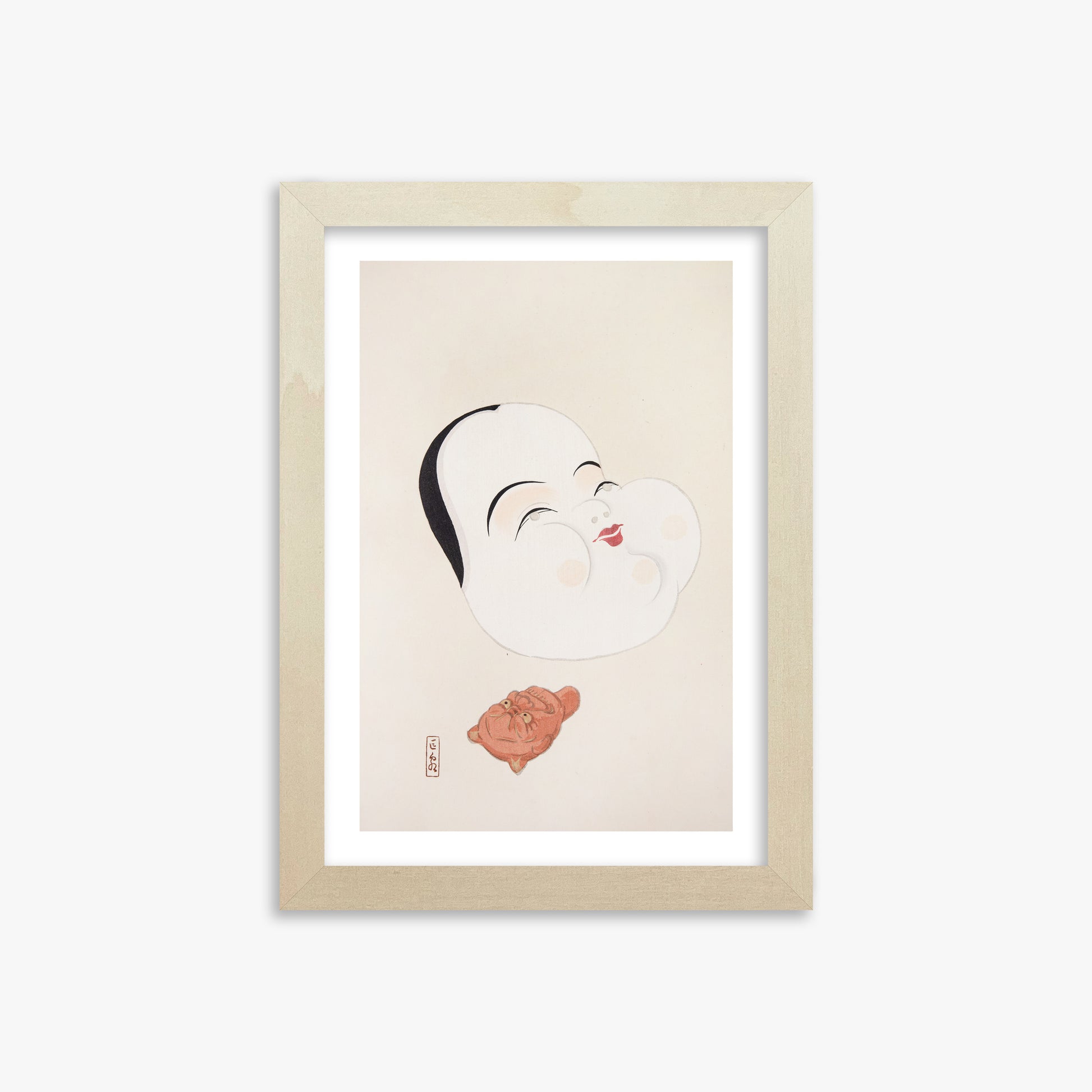 Kawasaki Kyosen: Kyosen’s Collected Illustrations of Japanese Toys Nr. 4 ("Joyful Spirit Mask"), 21x30cm Framed Art Reproduction With Lime Wood Frame