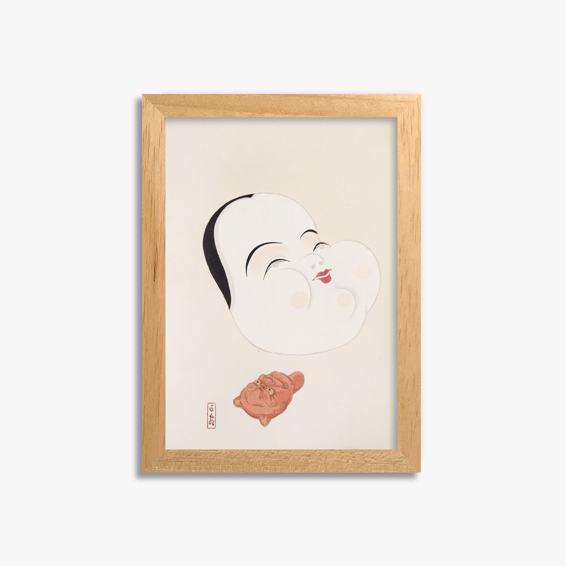 Kawasaki Kyosen: Kyosen’s Collected Illustrations of Japanese Toys Nr. 4 ("Joyful Spirit Mask"), 21x30cm Framed Art Reproduction With Oak Frame