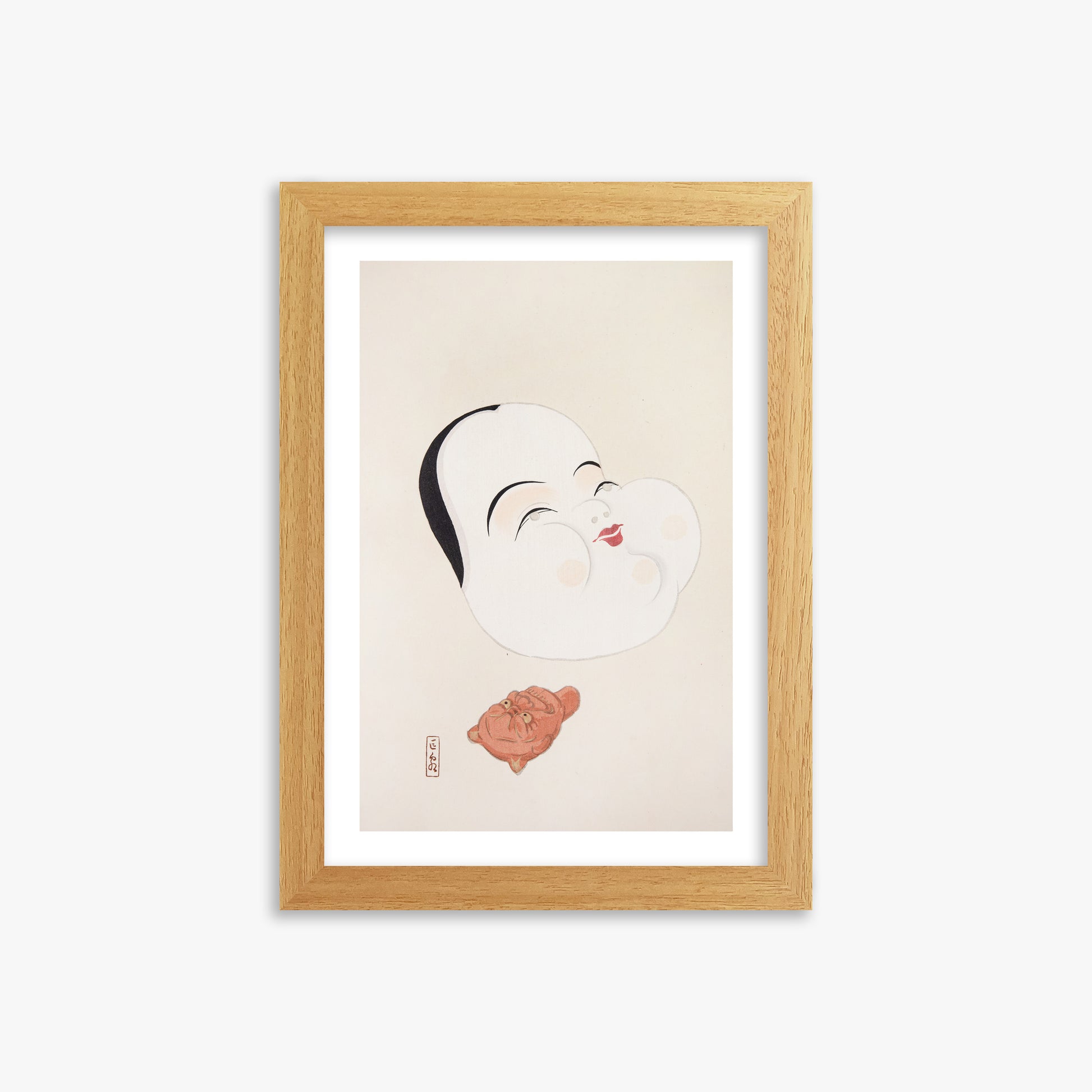 Kawasaki Kyosen: Kyosen’s Collected Illustrations of Japanese Toys Nr. 4 ("Joyful Spirit Mask"), 21x30cm Framed Art Reproduction With Oak Frame