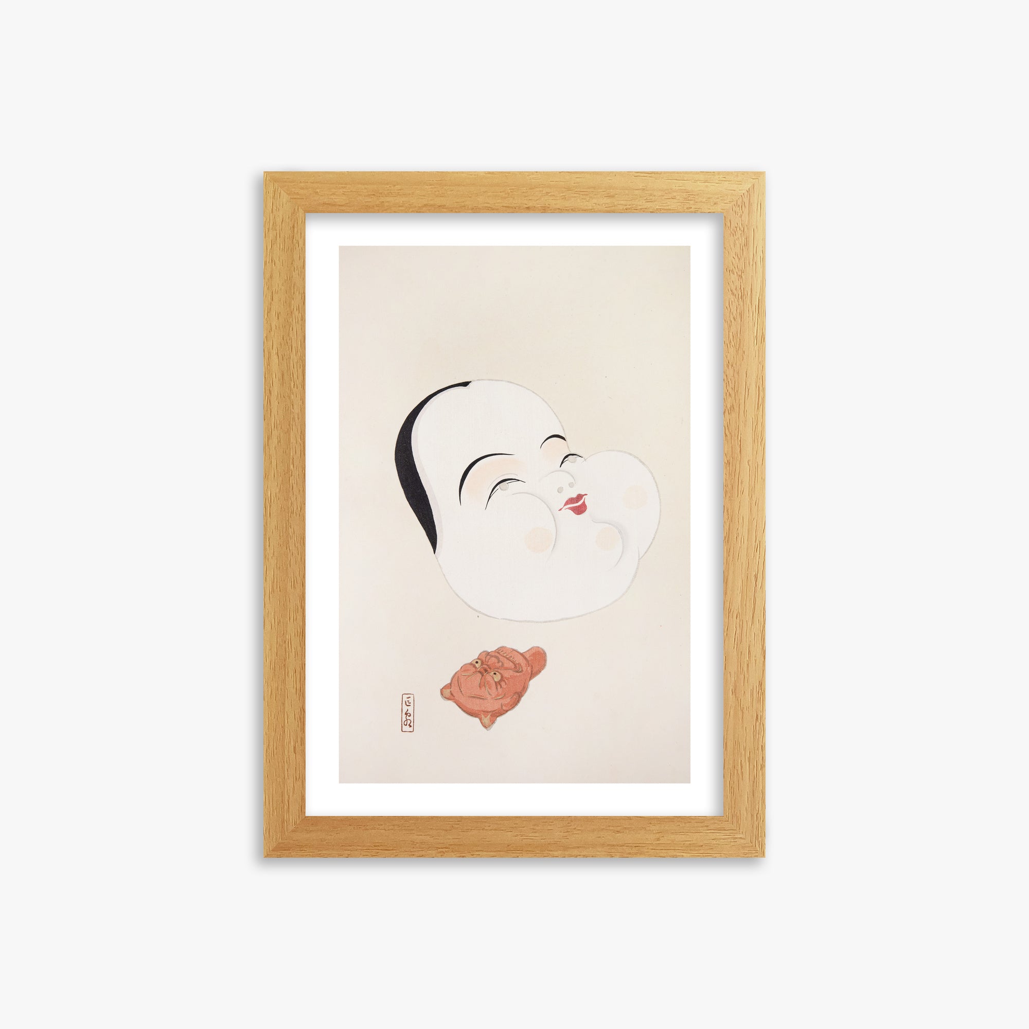 Kawasaki Kyosen: Kyosen’s Collected Illustrations of Japanese Toys Nr. 4 ("Joyful Spirit Mask"), 21x30cm Framed Art Reproduction With Oak Frame