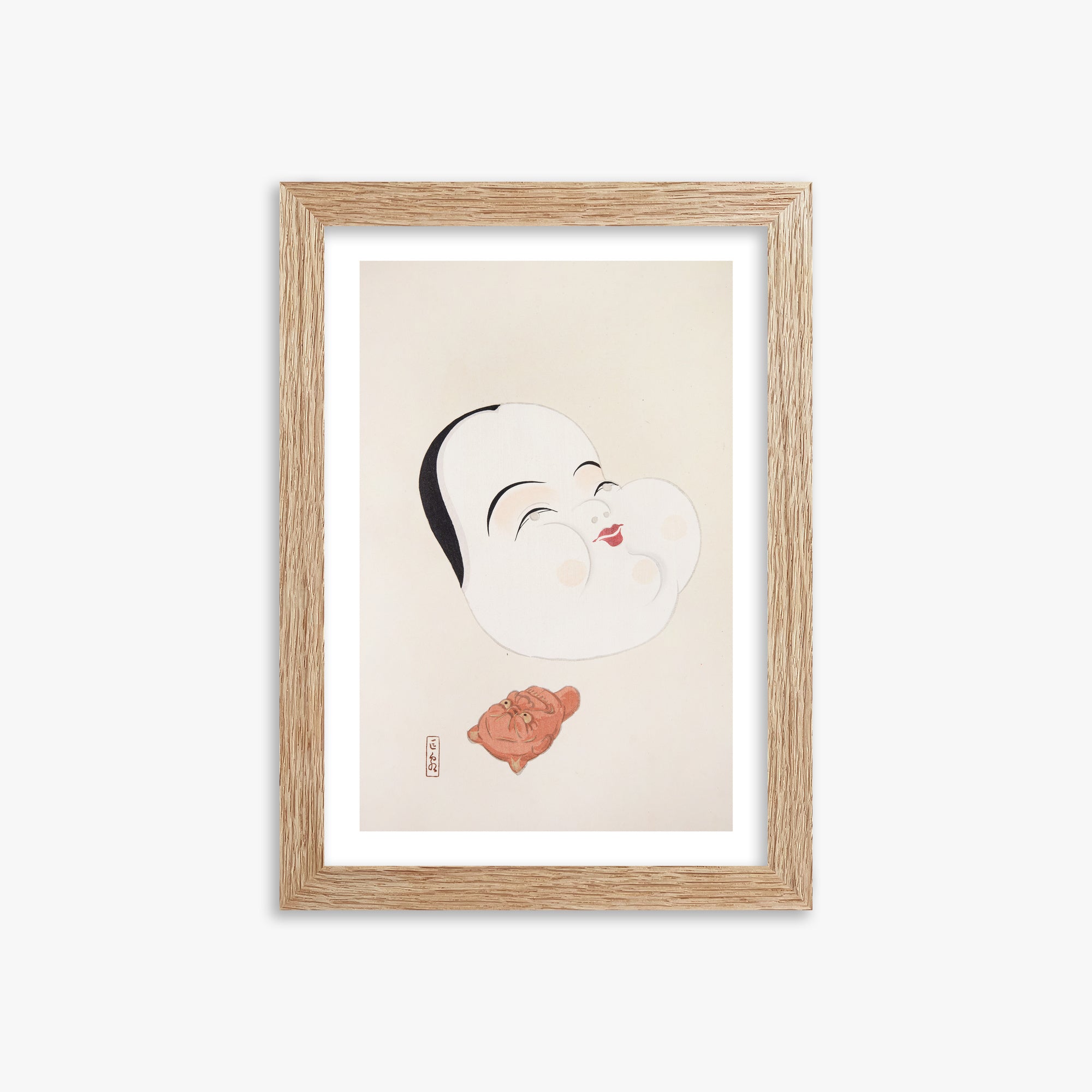 Kawasaki Kyosen: Kyosen’s Collected Illustrations of Japanese Toys Nr. 4 ("Joyful Spirit Mask"), 21x30cm Framed Art Reproduction With Raw Oak Frame