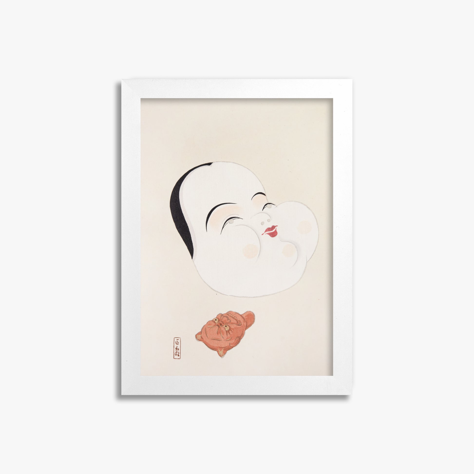 Kawasaki Kyosen: Kyosen’s Collected Illustrations of Japanese Toys Nr. 4 ("Joyful Spirit Mask"), 21x30cm Framed Art Reproduction With White Frame