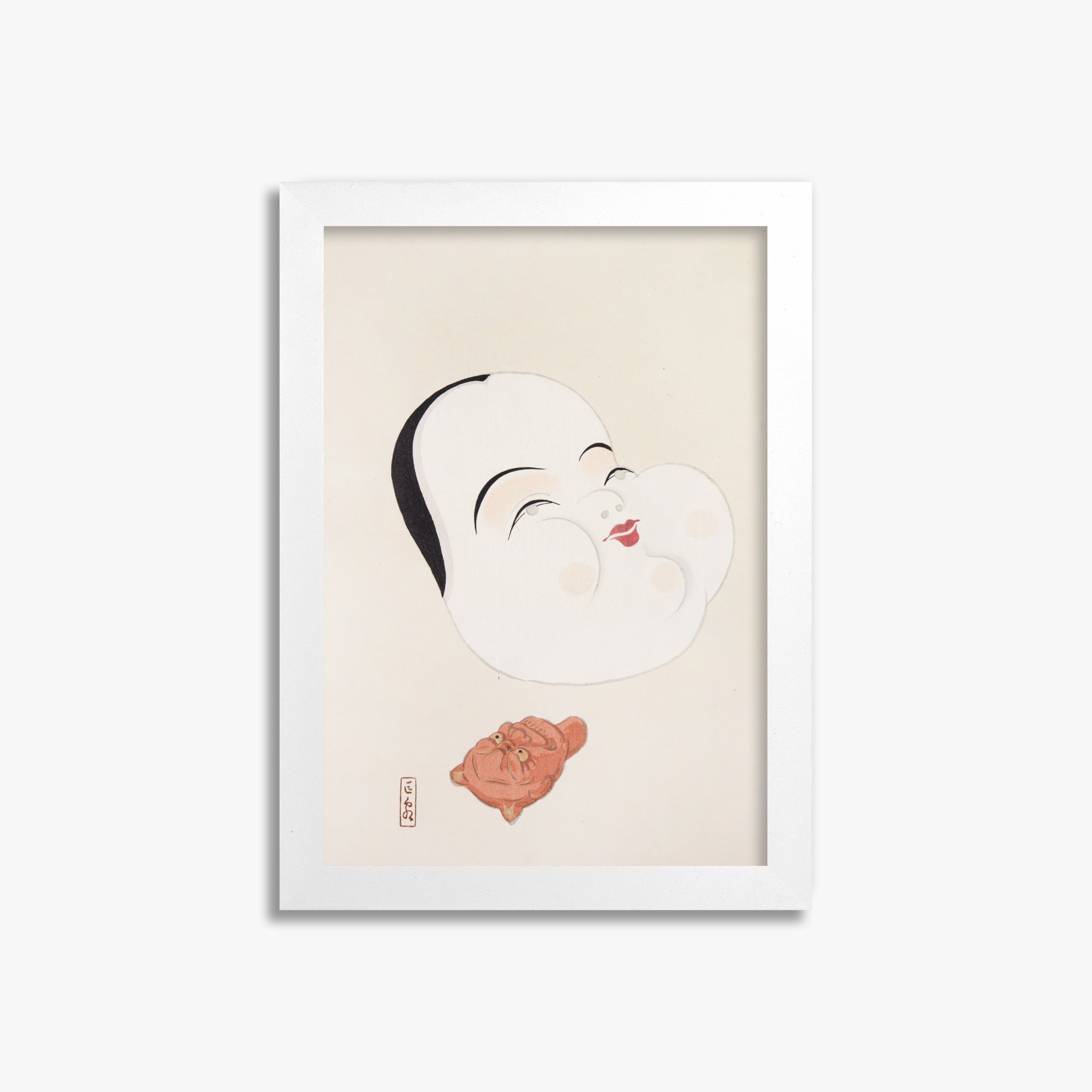 Kawasaki Kyosen: Kyosen’s Collected Illustrations of Japanese Toys Nr. 4 ("Joyful Spirit Mask"), 21x30cm Framed Art Reproduction With White Frame