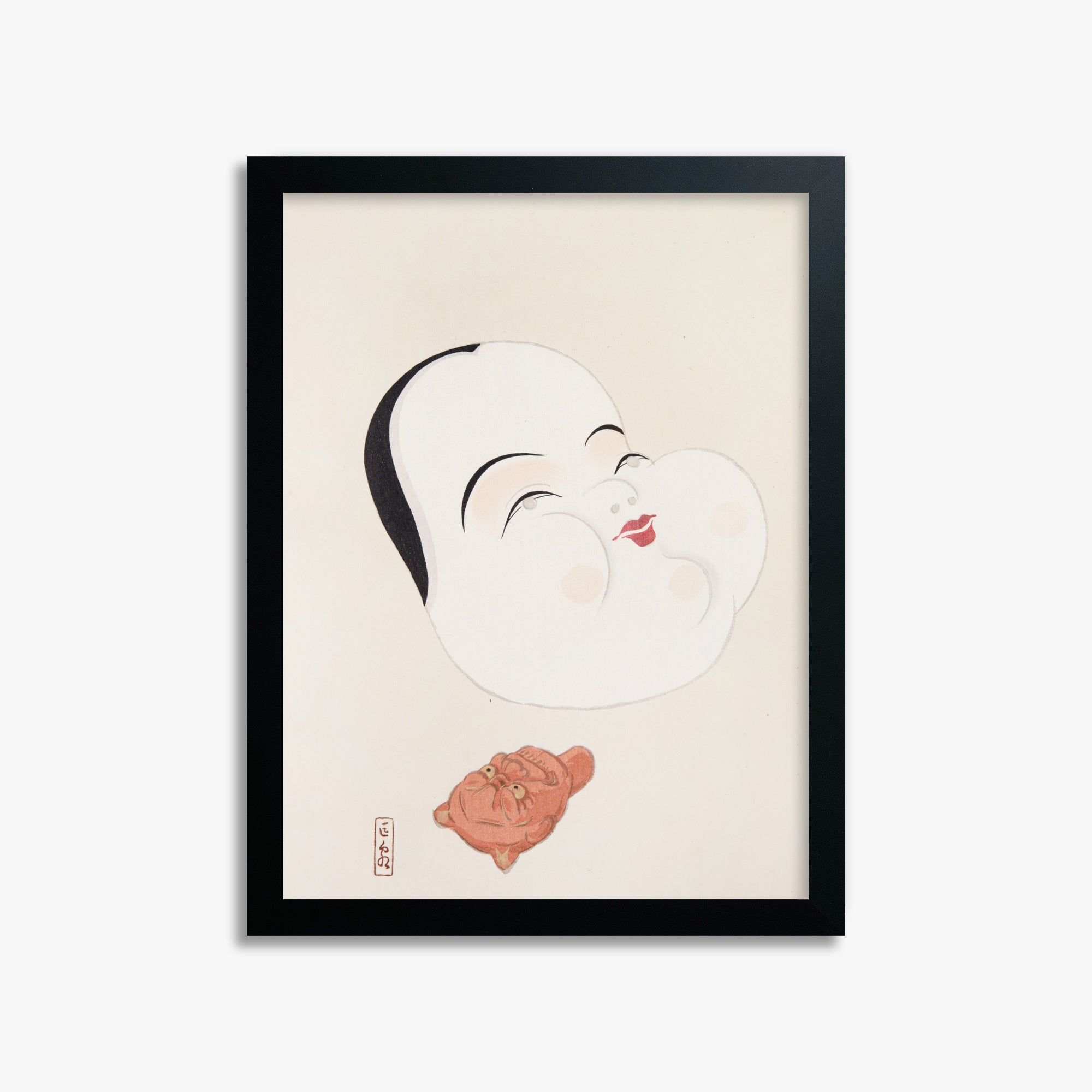 Kawasaki Kyosen: Kyosen’s Collected Illustrations of Japanese Toys Nr. 4 ("Joyful Spirit Mask"), 30x40cm Framed Art Reproduction With Black Frame