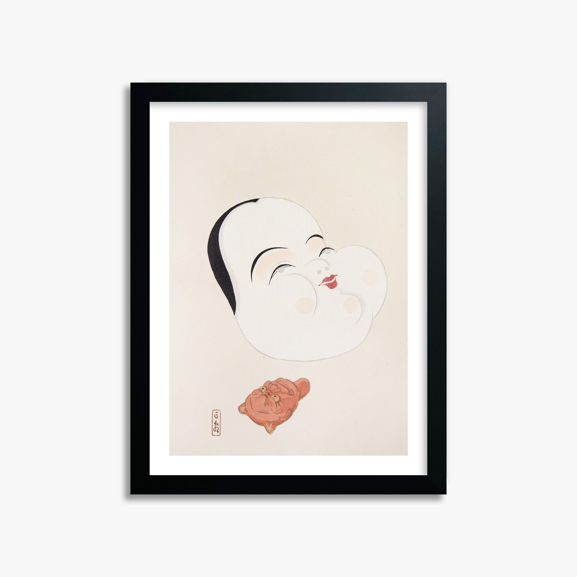 Kawasaki Kyosen: Kyosen’s Collected Illustrations of Japanese Toys Nr. 4 ("Joyful Spirit Mask"), 30x40cm Framed Art Reproduction With Black Frame