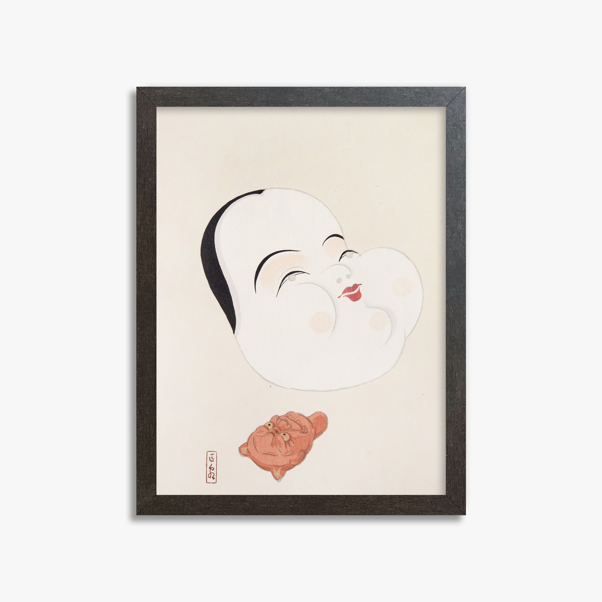 Kawasaki Kyosen: Kyosen’s Collected Illustrations of Japanese Toys Nr. 4 ("Joyful Spirit Mask"), 30x40cm Framed Art Reproduction With Espresso Frame