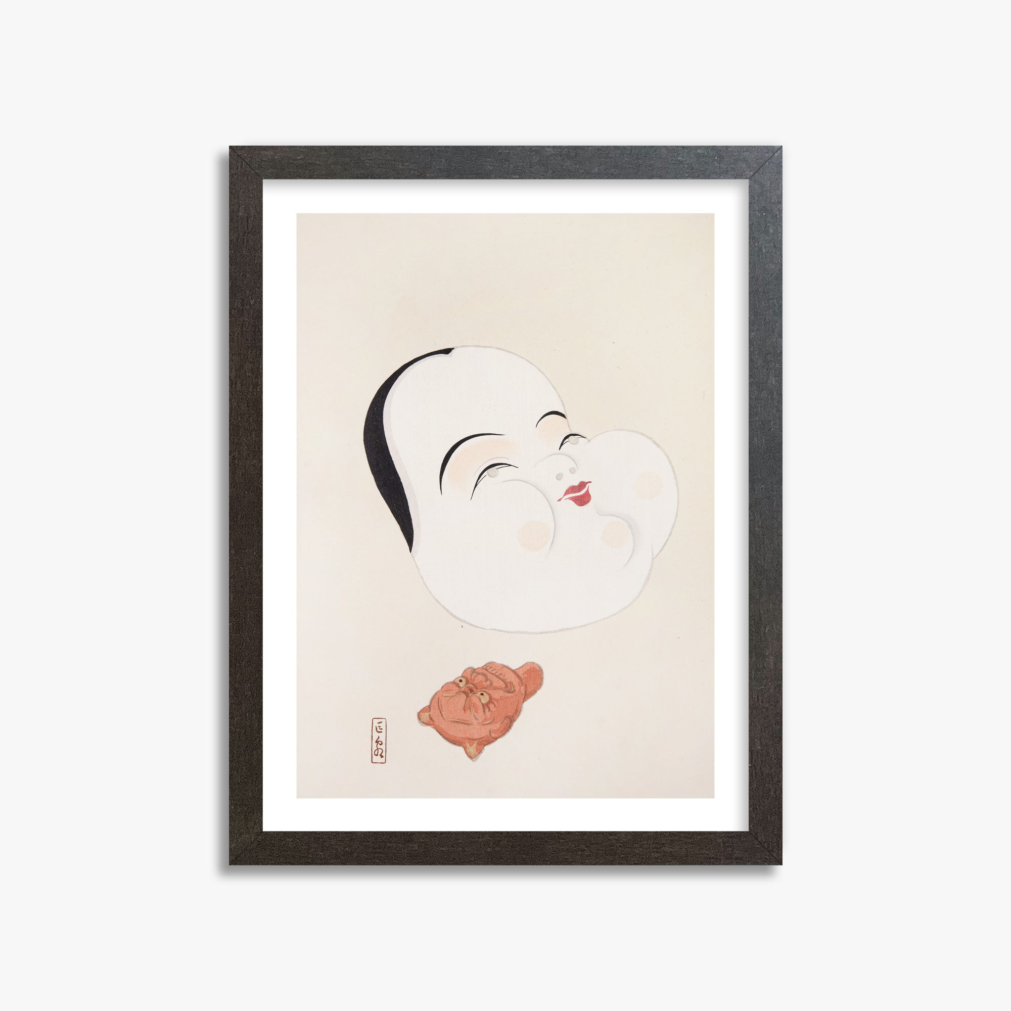 Kawasaki Kyosen: Kyosen’s Collected Illustrations of Japanese Toys Nr. 4 ("Joyful Spirit Mask"), 30x40cm Framed Art Reproduction With Espresso Frame