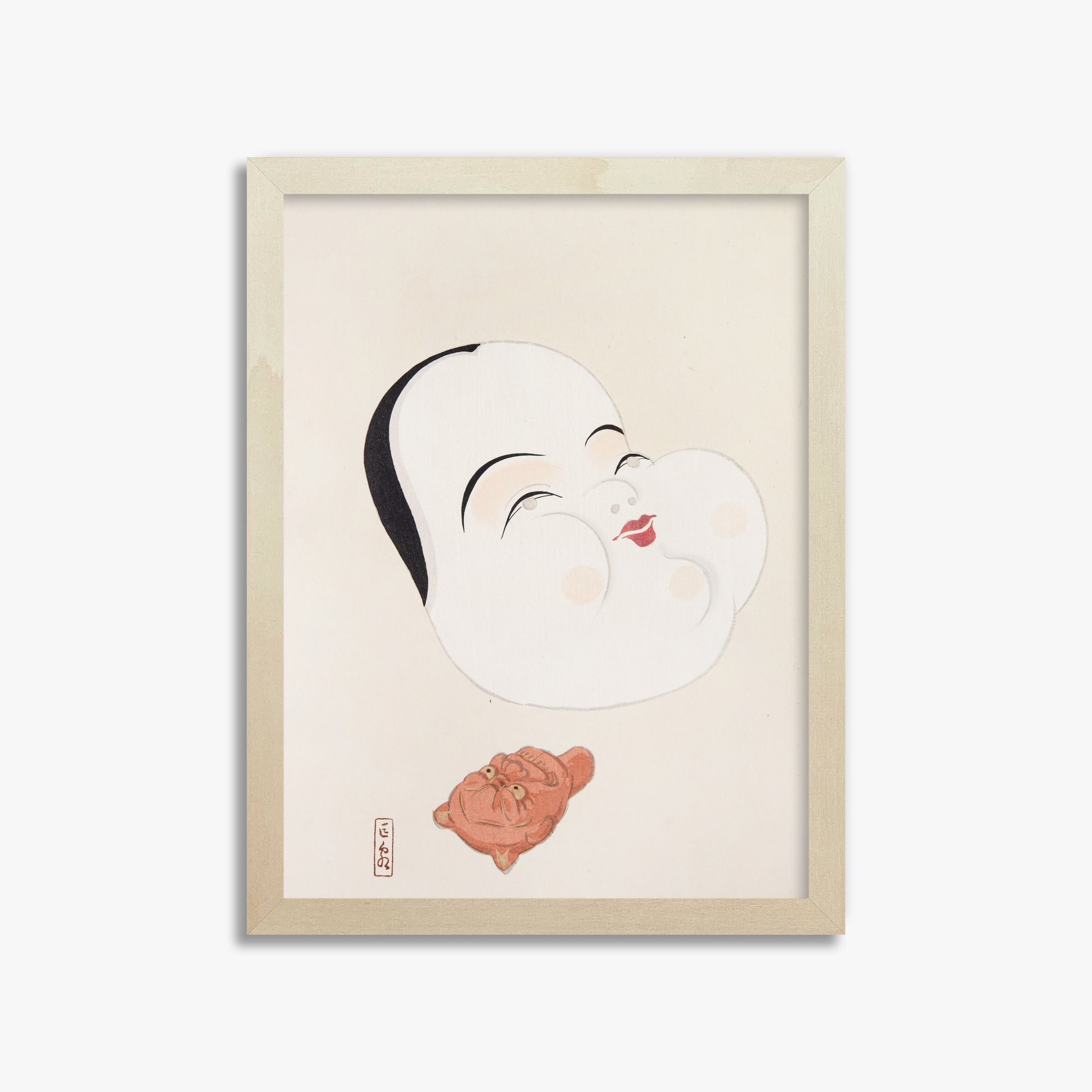 Kawasaki Kyosen: Kyosen’s Collected Illustrations of Japanese Toys Nr. 4 ("Joyful Spirit Mask"), 30x40cm Framed Art Reproduction With Lime Wood Frame