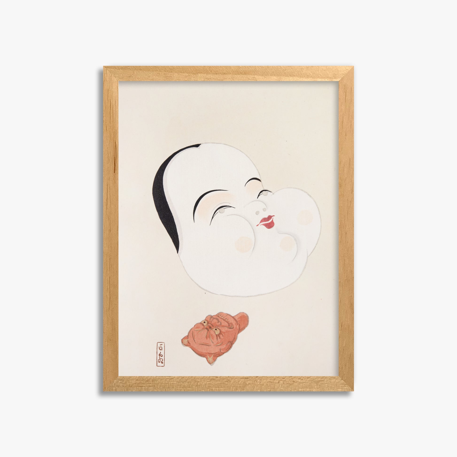 Kawasaki Kyosen: Kyosen’s Collected Illustrations of Japanese Toys Nr. 4 ("Joyful Spirit Mask"), 30x40cm Framed Art Reproduction With Oak Frame